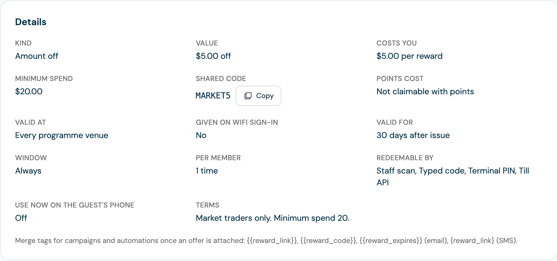 Offer page Details card showing the kind, value and minimum spend, the shared code MARKET5 with a Copy button, the venues it is valid at and how it can be redeemed