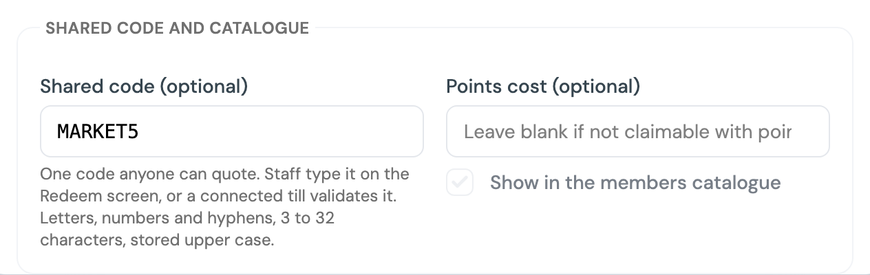 Edit offer form, Shared code and catalogue section, with the Shared code MARKET5 and the Points cost field beside it