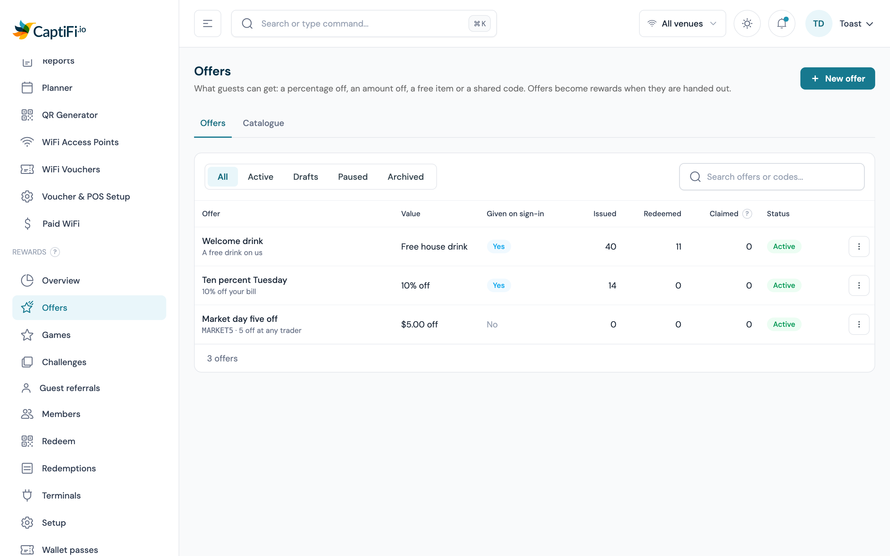 Offers list with the Offers and Catalogue tabs and the status filters above the table
