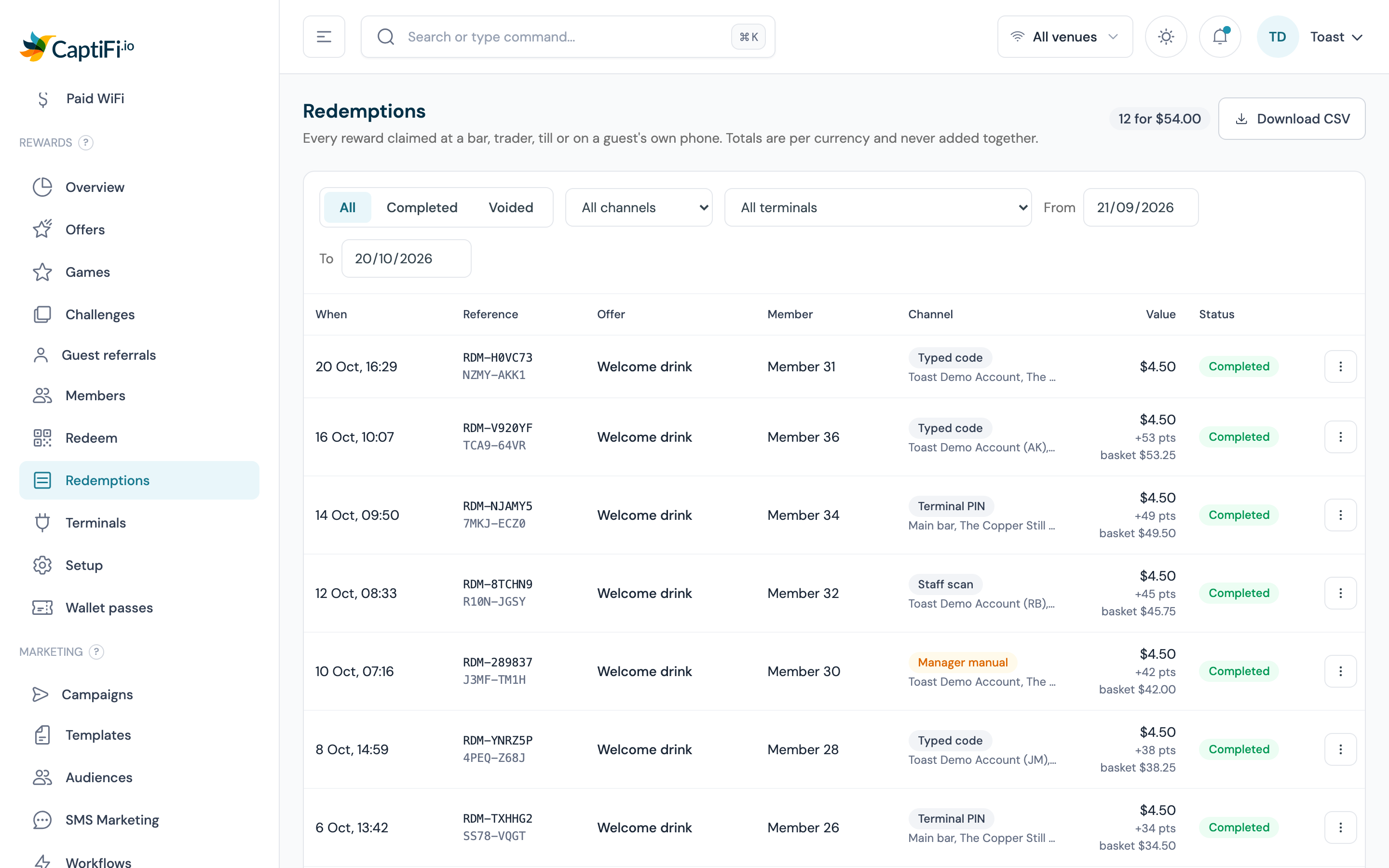 Redemptions log with the status, channel, terminal and date filters and the per-currency total in the corner