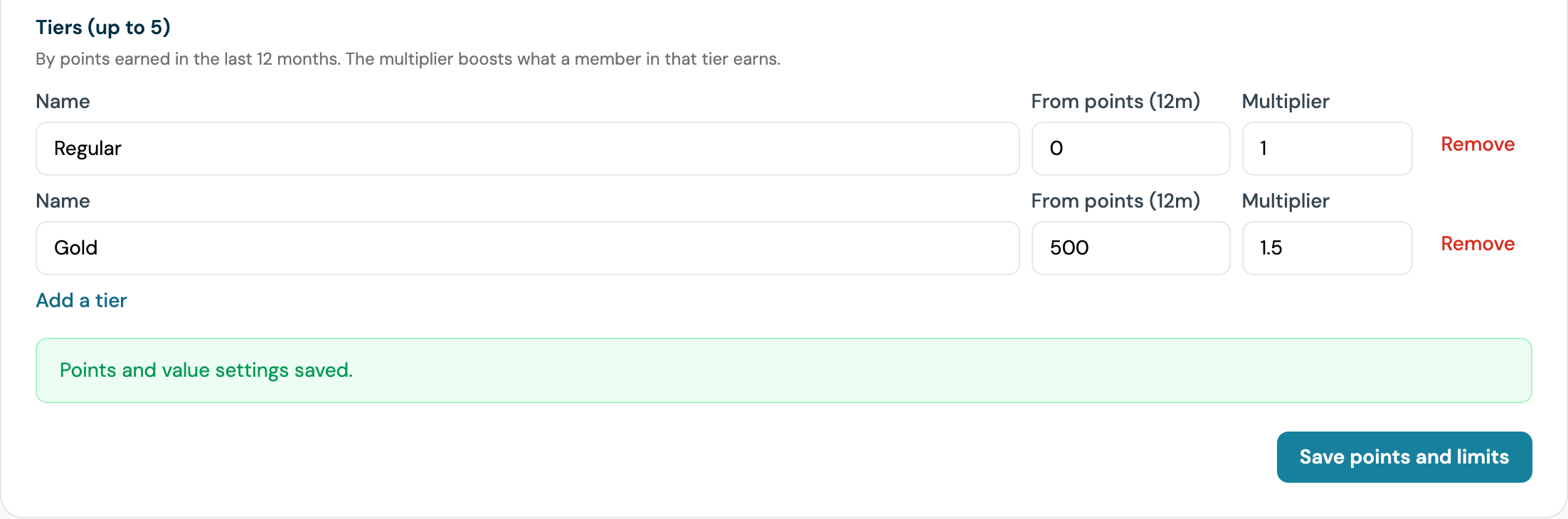 Tiers block with Regular and Gold, the Add a tier link, the green Points and value settings saved confirmation and the Save points and limits button
