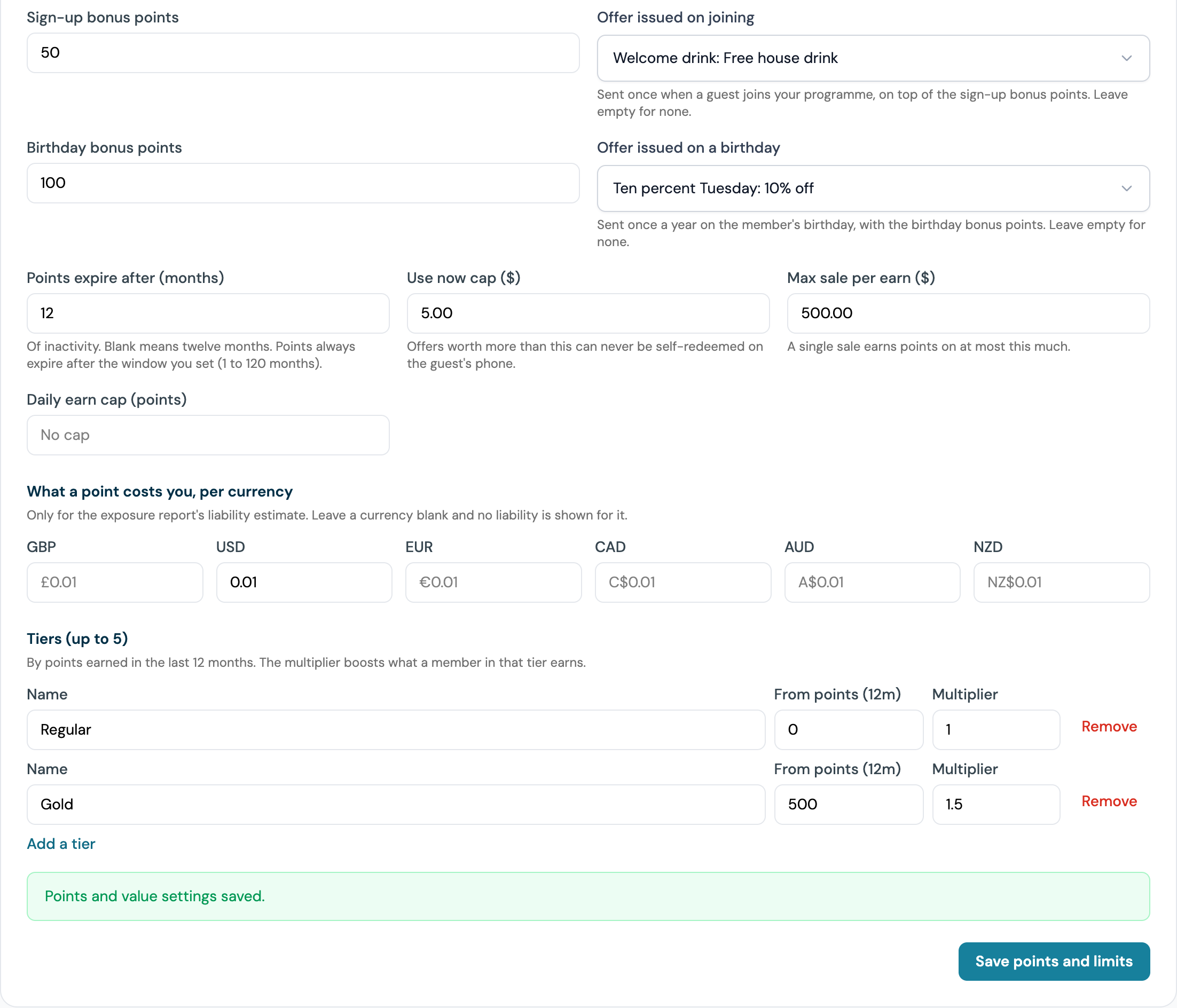 Points, value and limits section with Welcome drink chosen under Offer issued on joining, Ten percent Tuesday under Offer issued on a birthday, and the green Points and value settings saved confirmation above the Save points and limits button