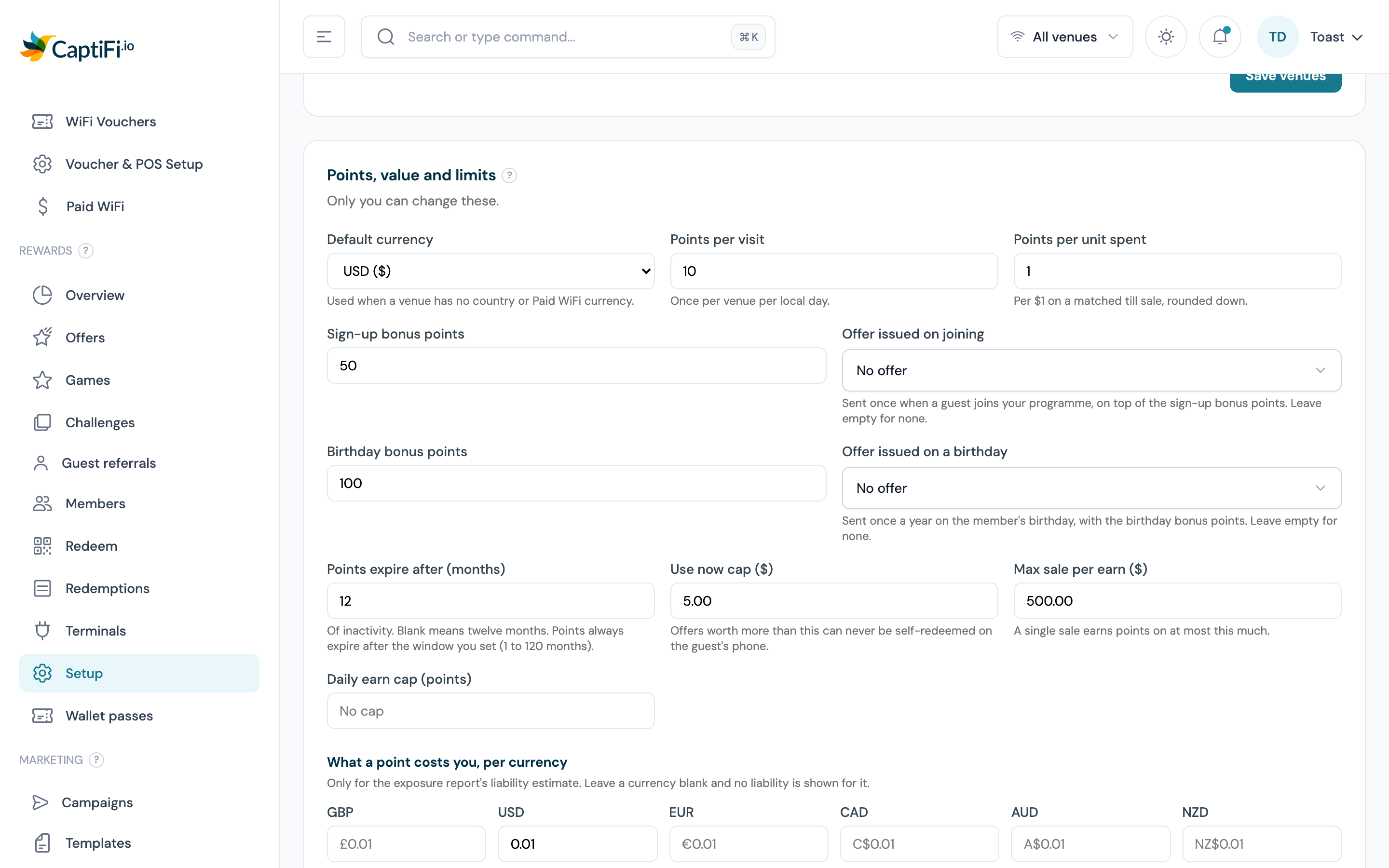 Points, value and limits section with the Sign-up bonus points box and the Offer issued on joining picker beside it