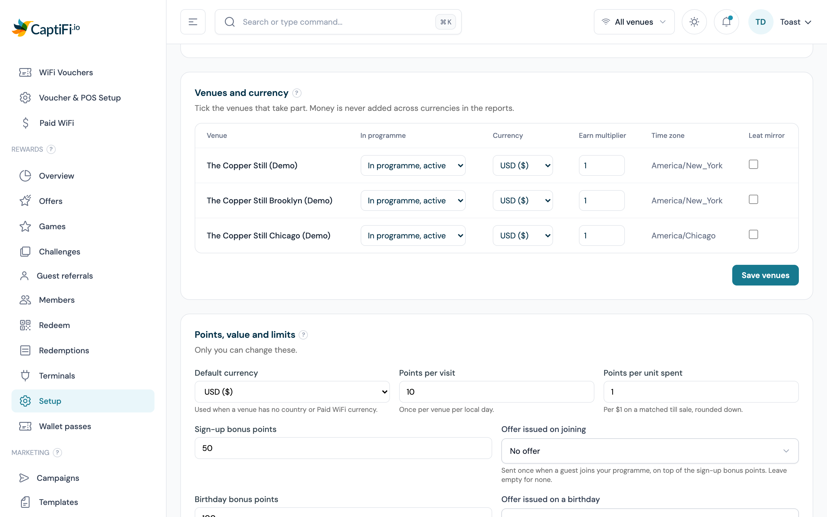 Venues and currency table on Rewards setup with the Leat mirror column on the right