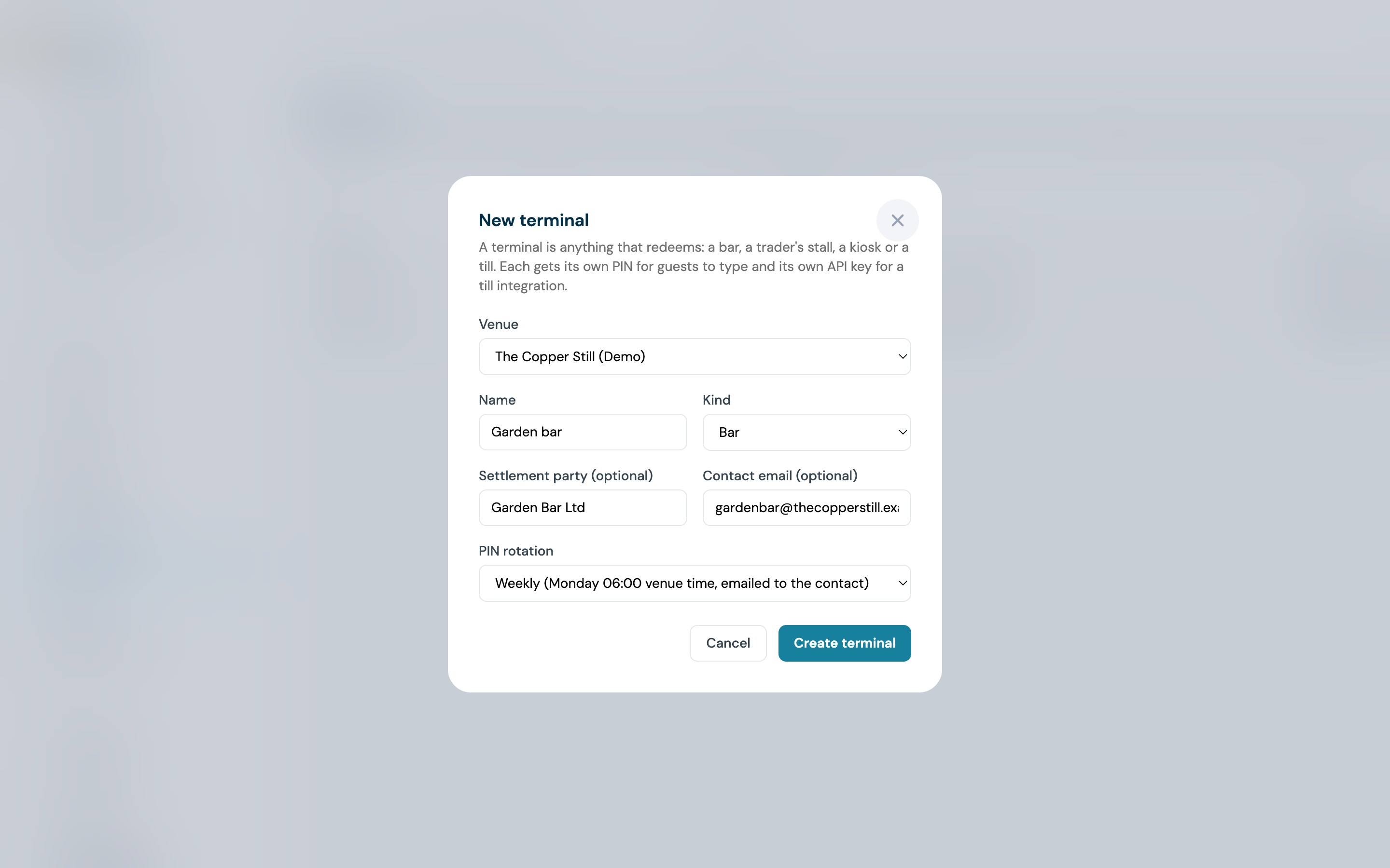 Completed New terminal form with the Create terminal button