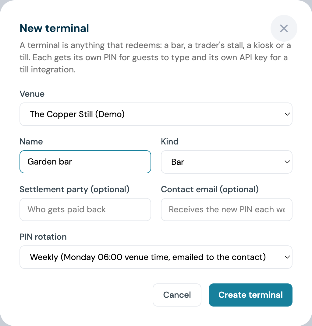 Name and Kind fields on the New terminal form, with Garden bar typed and Kind set to Bar