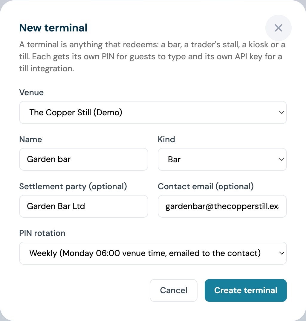 Settlement party, Contact email and PIN rotation fields on the New terminal form