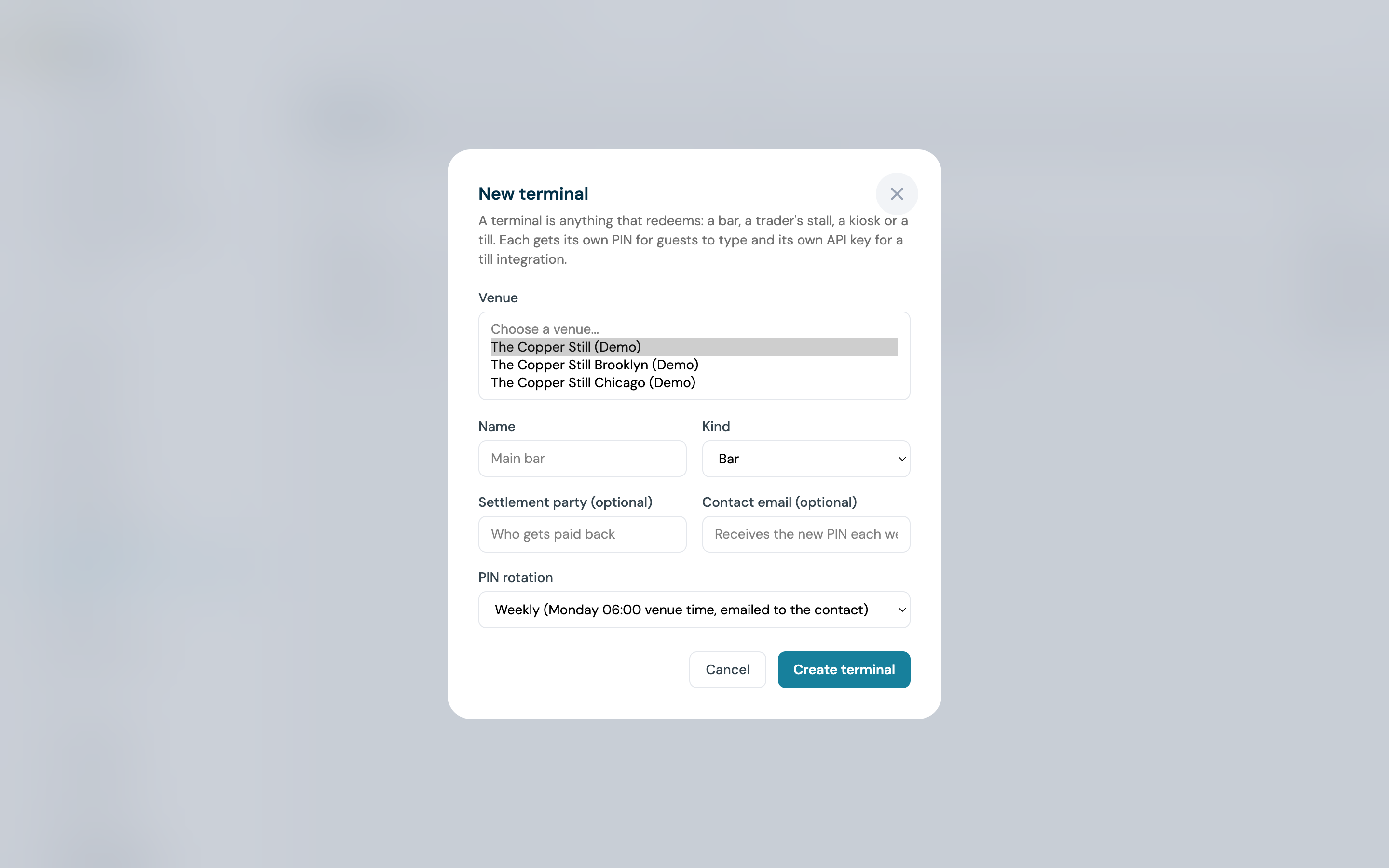 New terminal form with the venue list open showing the three demo venues
