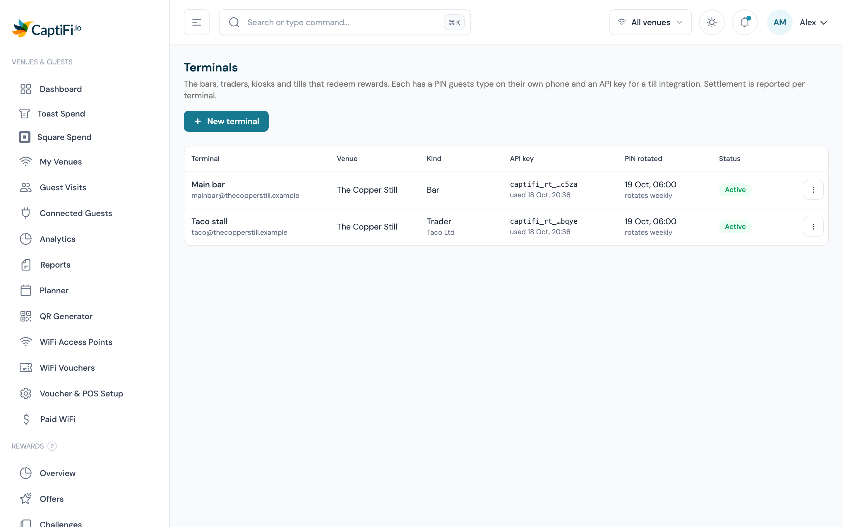 Terminals page listing the Main bar and Taco stall terminals, with the New terminal button top right