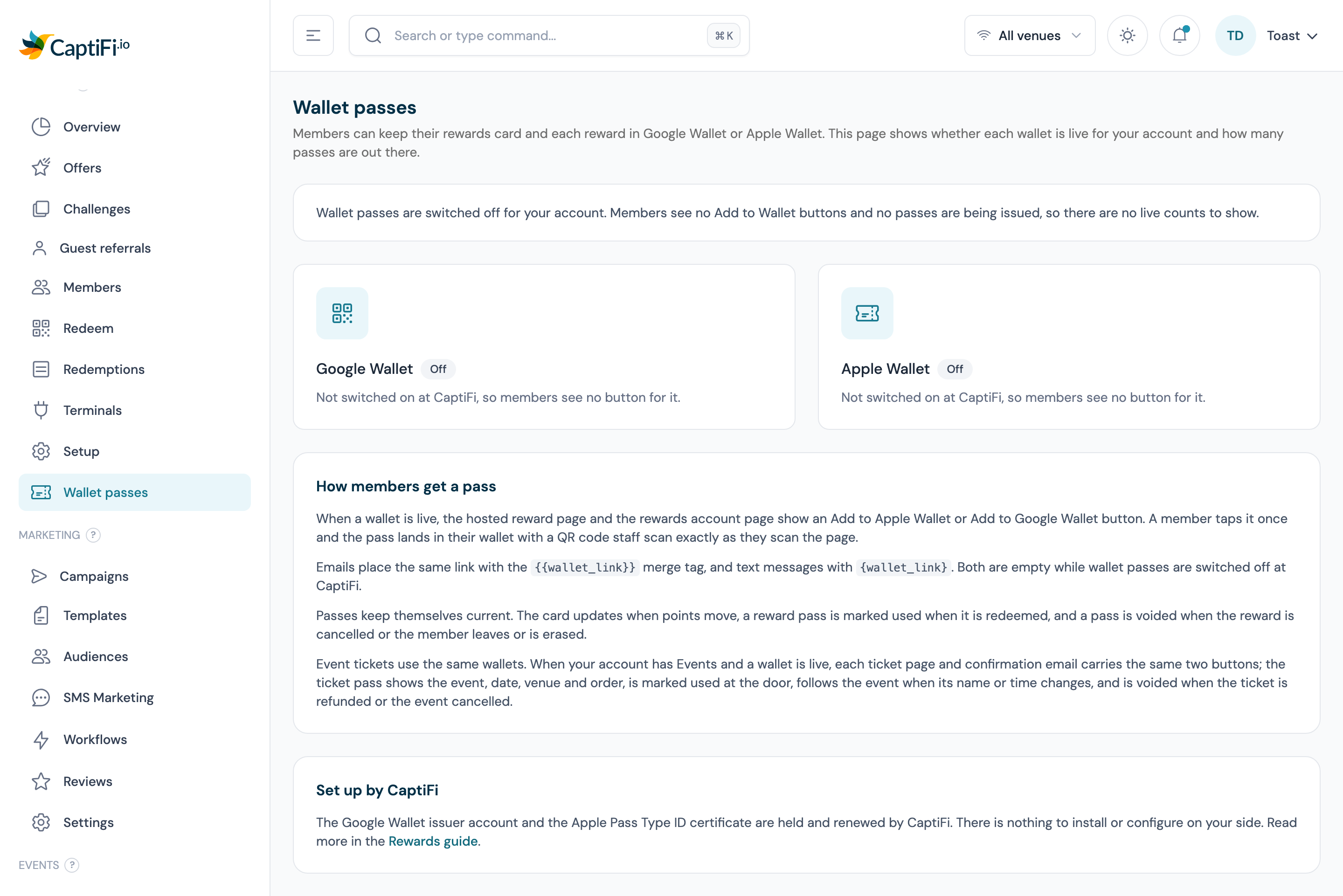 Wallet passes page with the How members get a pass and Set up by CaptiFi sections