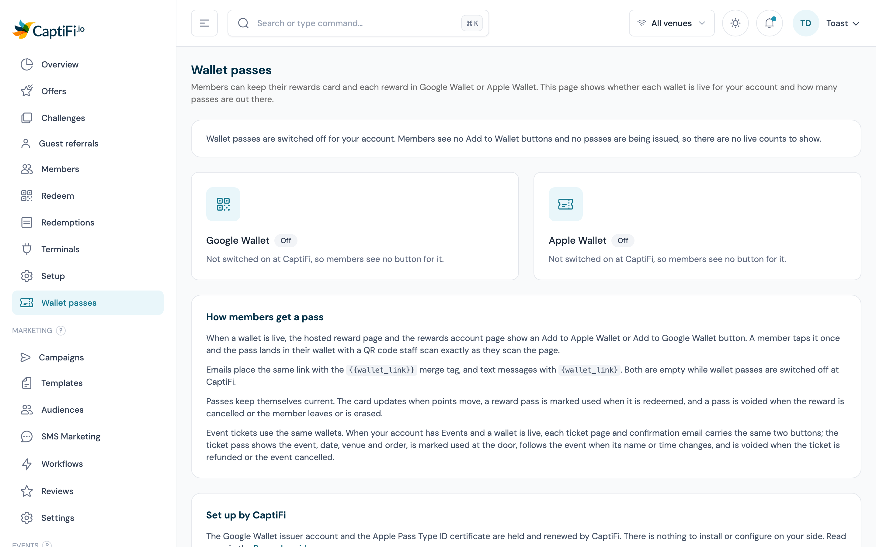 Wallet passes page with the Google Wallet and Apple Wallet cards (shown in the Off state on the demo account, so no counts row)