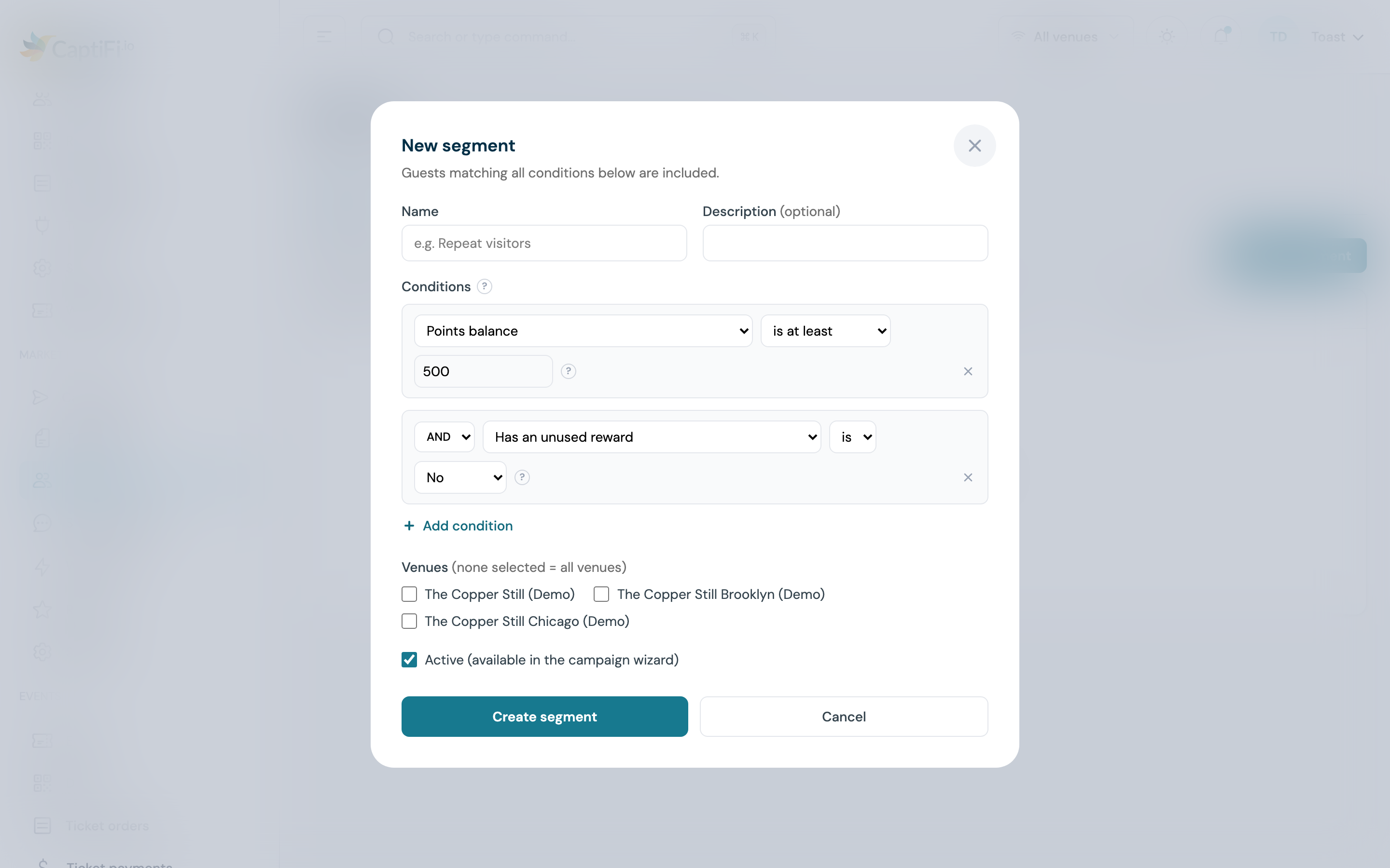 New segment builder with Points balance is at least 500 and, joined with AND, Has an unused reward is No