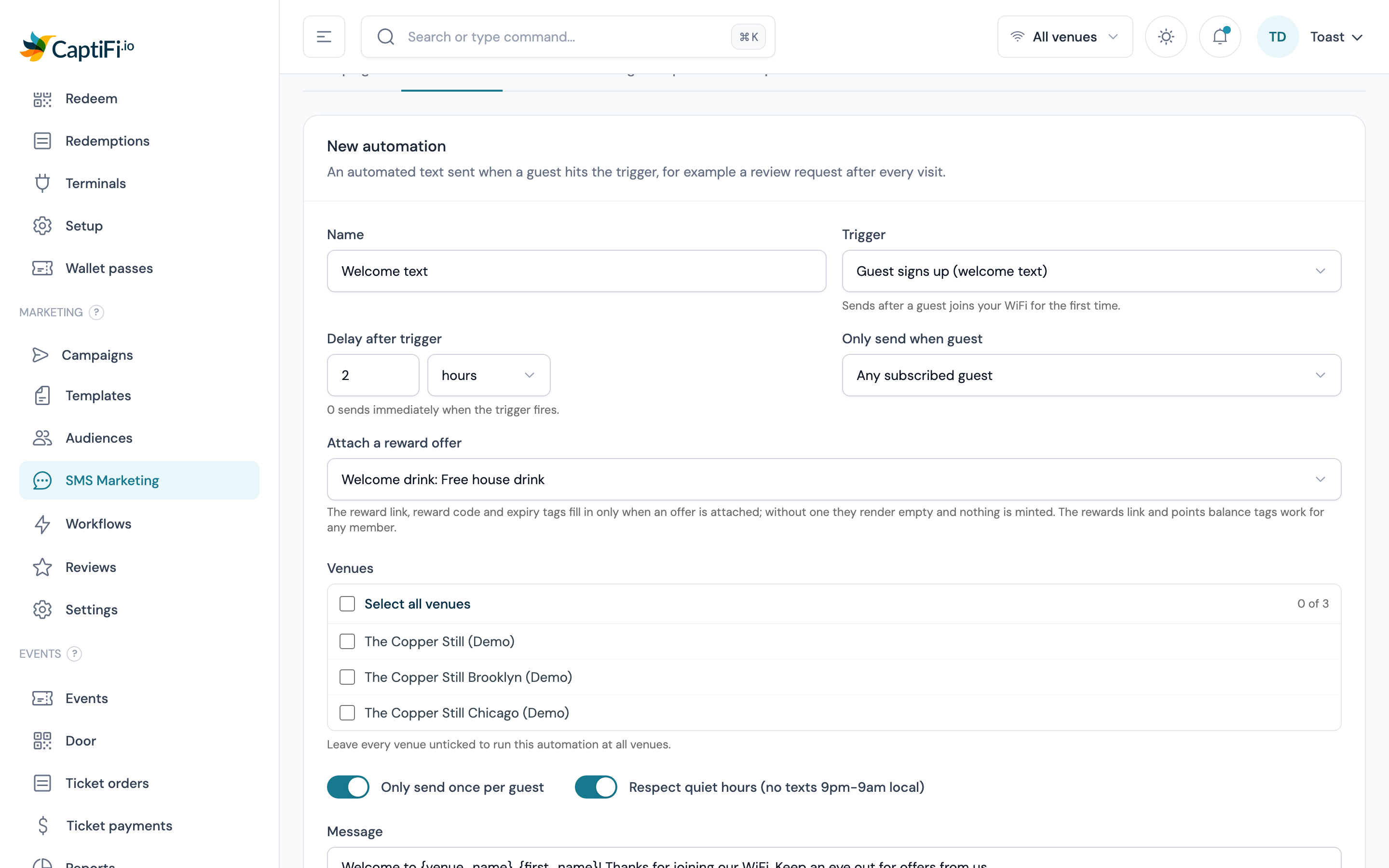 SMS automation builder with Welcome drink chosen in the Attach a reward offer picker