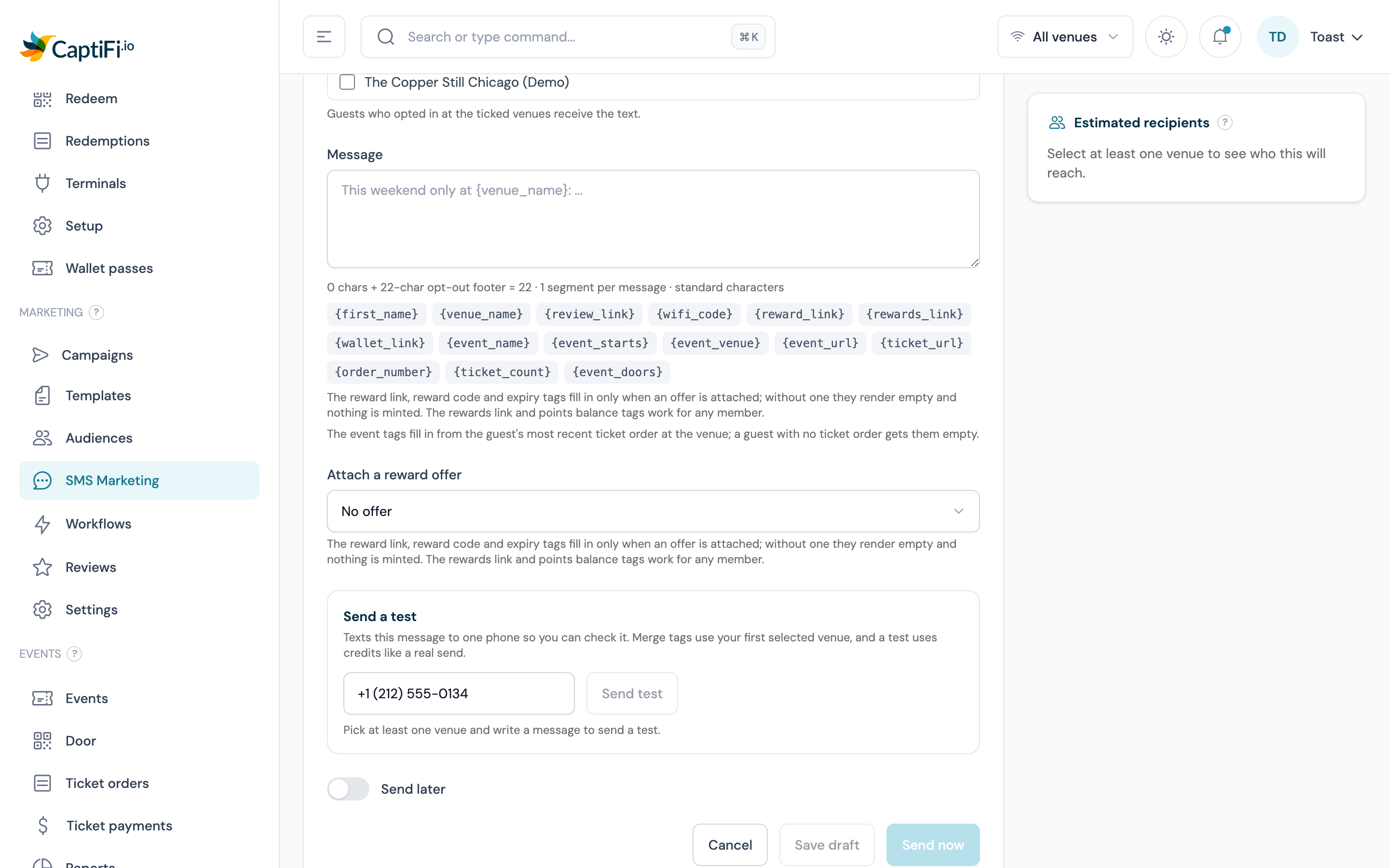 SMS campaign composer with the Message box, the merge tag chips including {reward_link}, and the Attach a reward offer picker