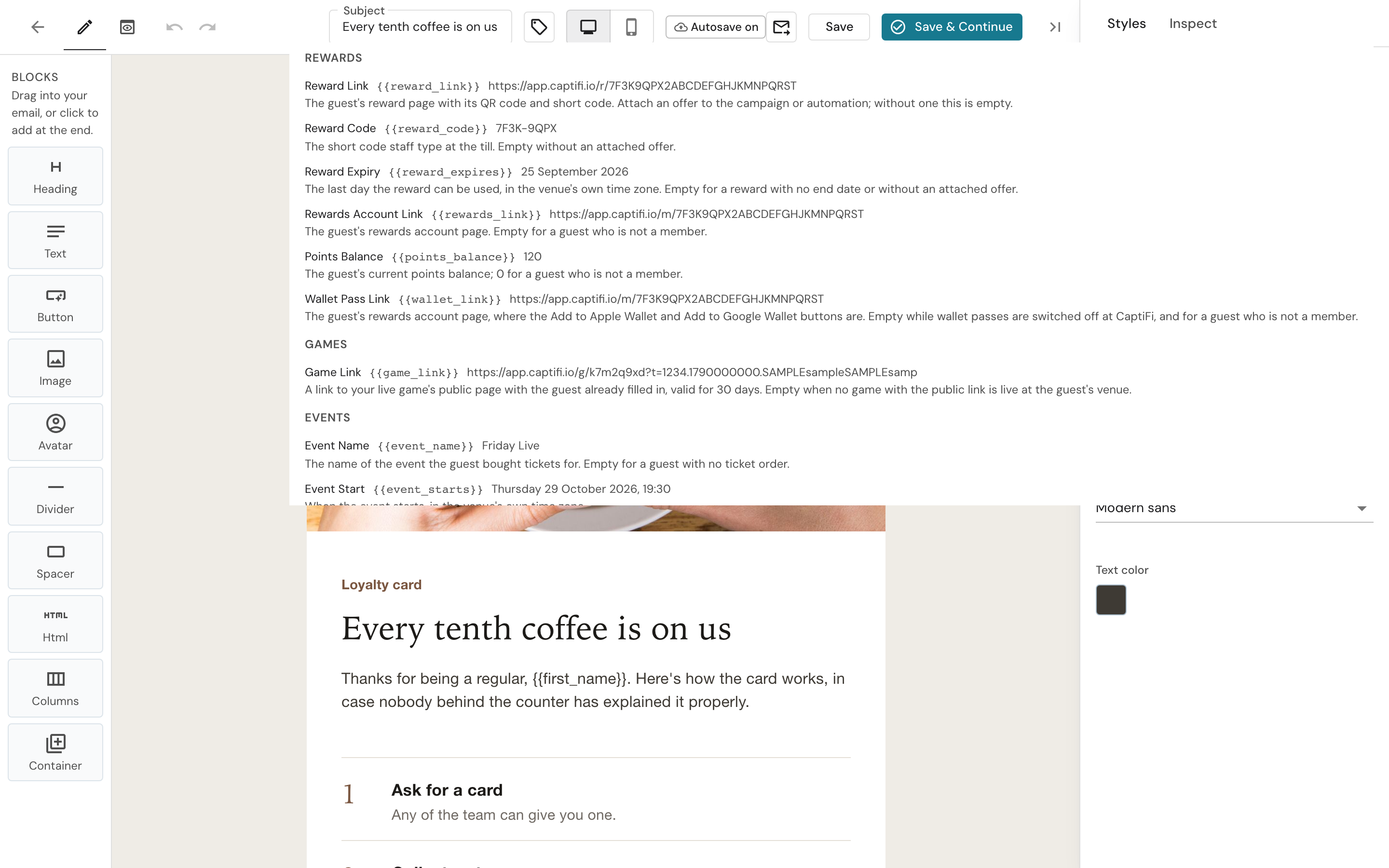 Personalise menu in the email builder scrolled to the Rewards section, listing the reward link, code, expiry, rewards account link, points balance and wallet pass tags