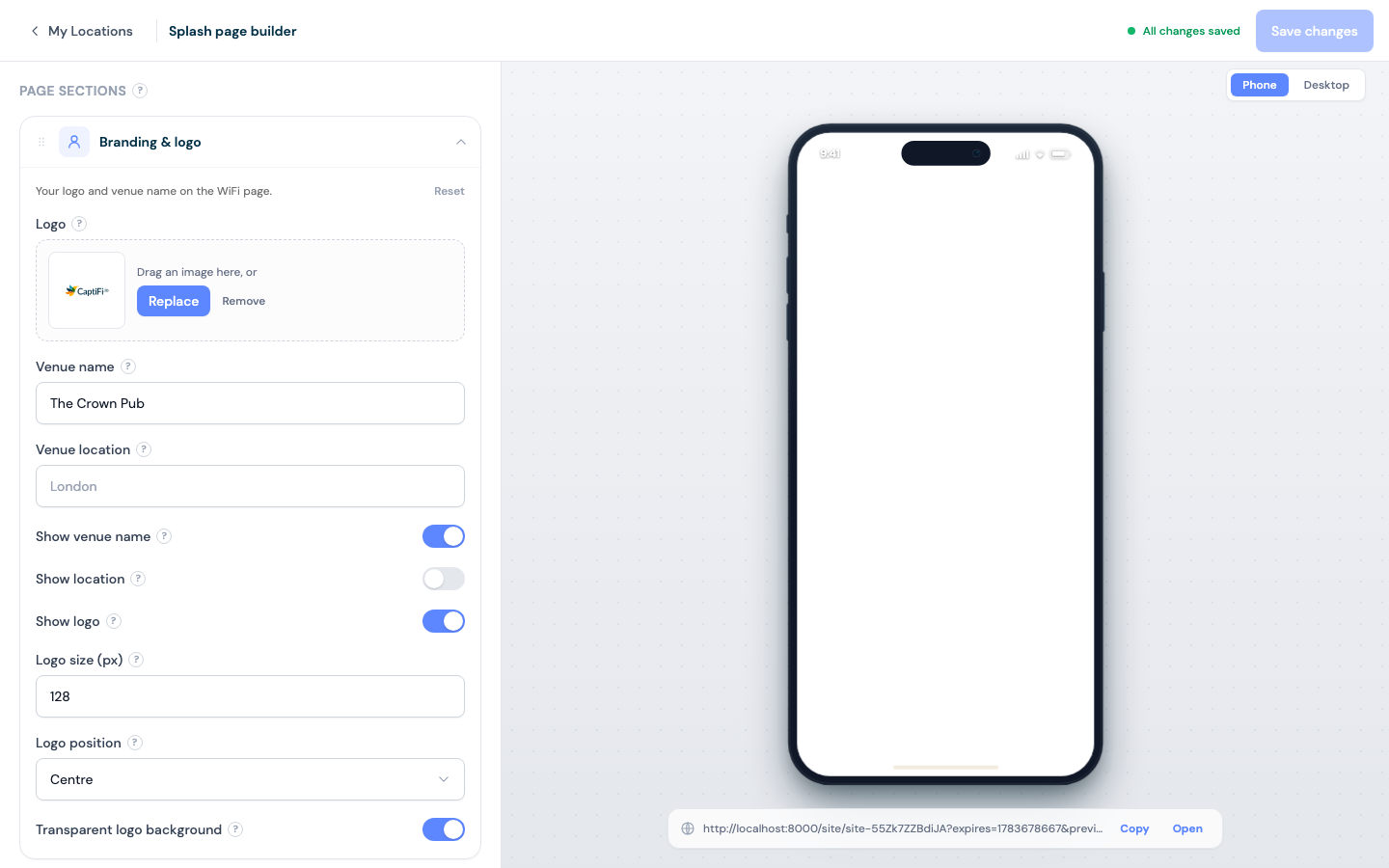 The splash page builder with the section editor and live phone preview