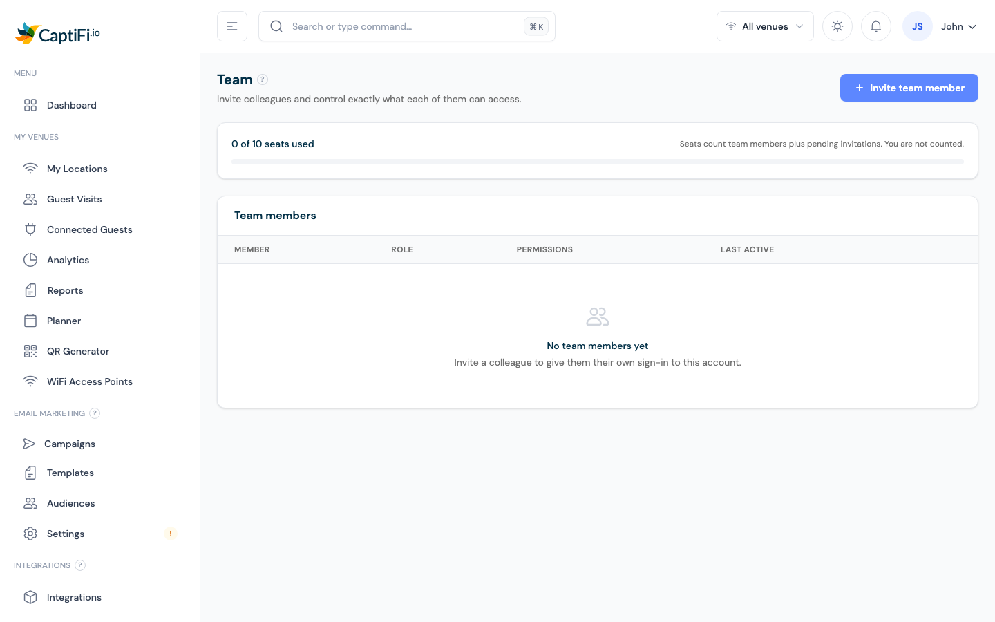 The Team page with seat usage and the invite button
