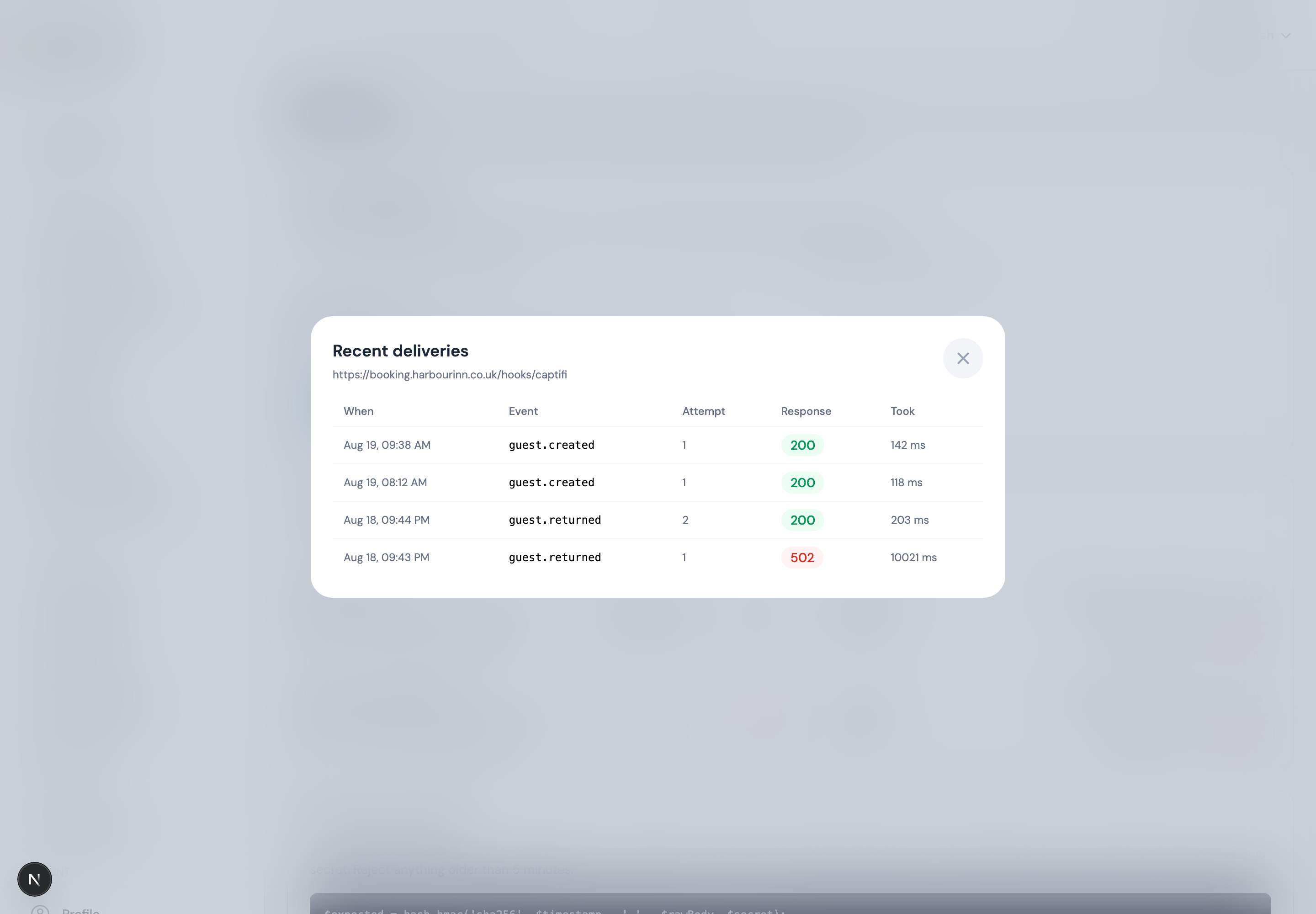 The delivery log for an endpoint, listing each attempt with its event, attempt number, response code and duration