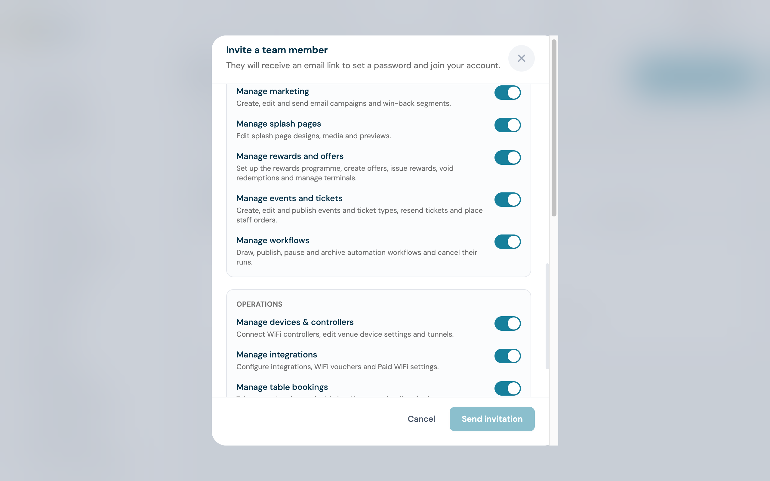 The Invite a team member window on the Team page: the Marketing group of permission toggles with Manage workflows on and its description under it