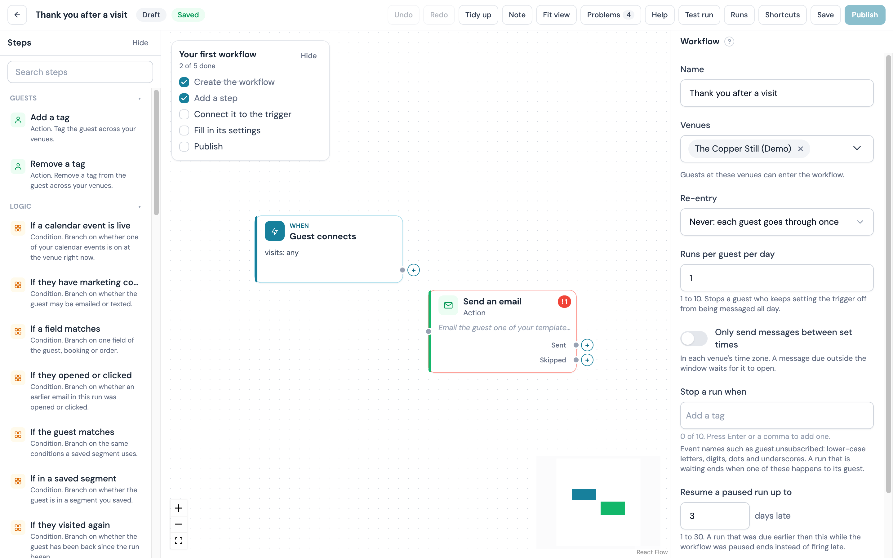 The Your first workflow card in the top left of the canvas: five items, two ticked, 2 of 5 done, Hide