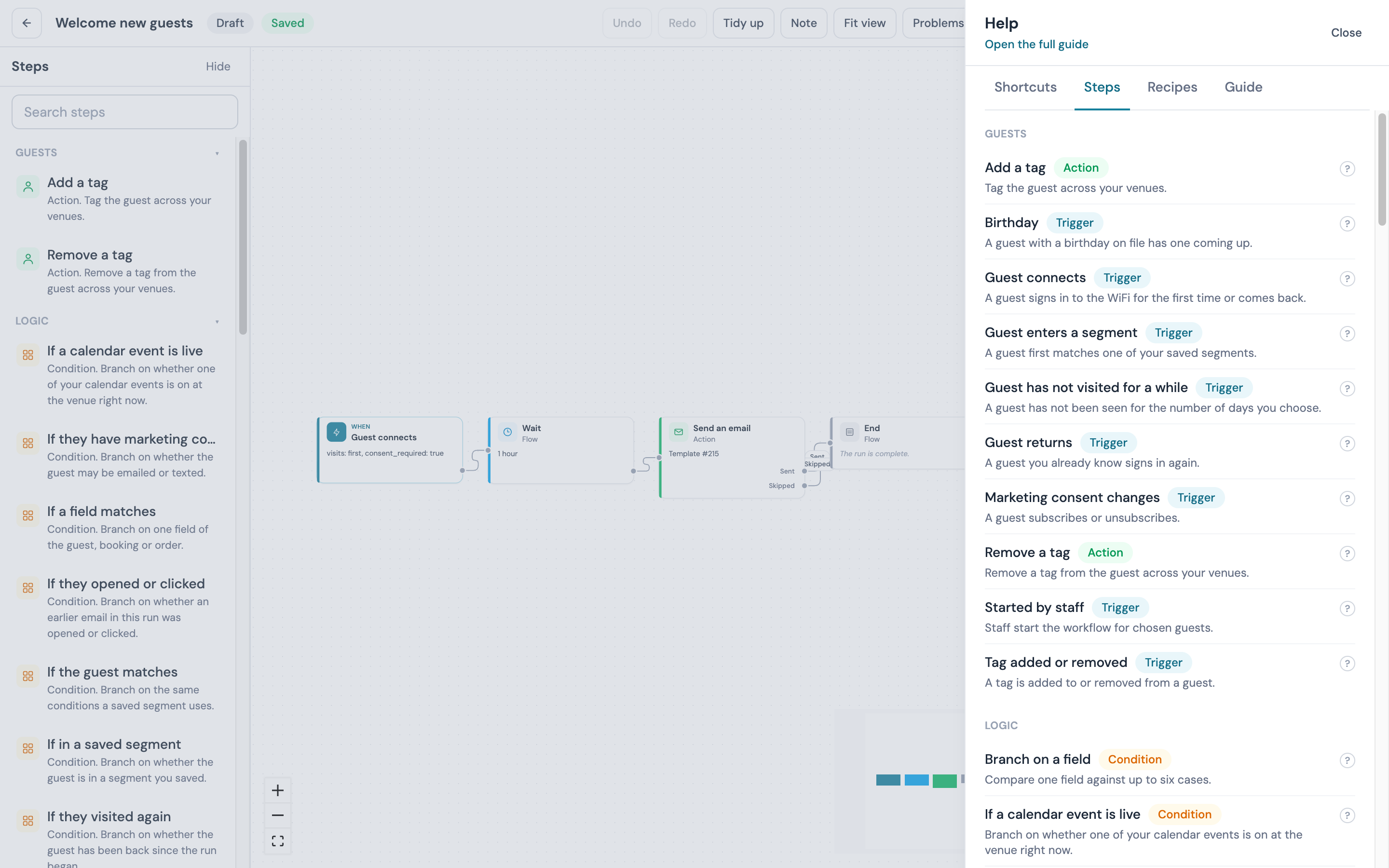 The Help drawer open on Steps: the Shortcuts, Steps, Recipes and Guide tabs, steps grouped by category with guide links