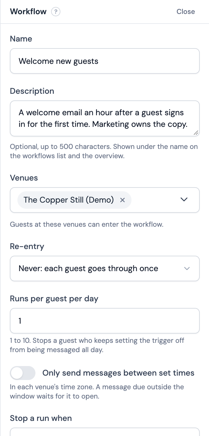 The Workflow panel of the inspector: Name, the Description box with its hint under it, Venues and Re-entry