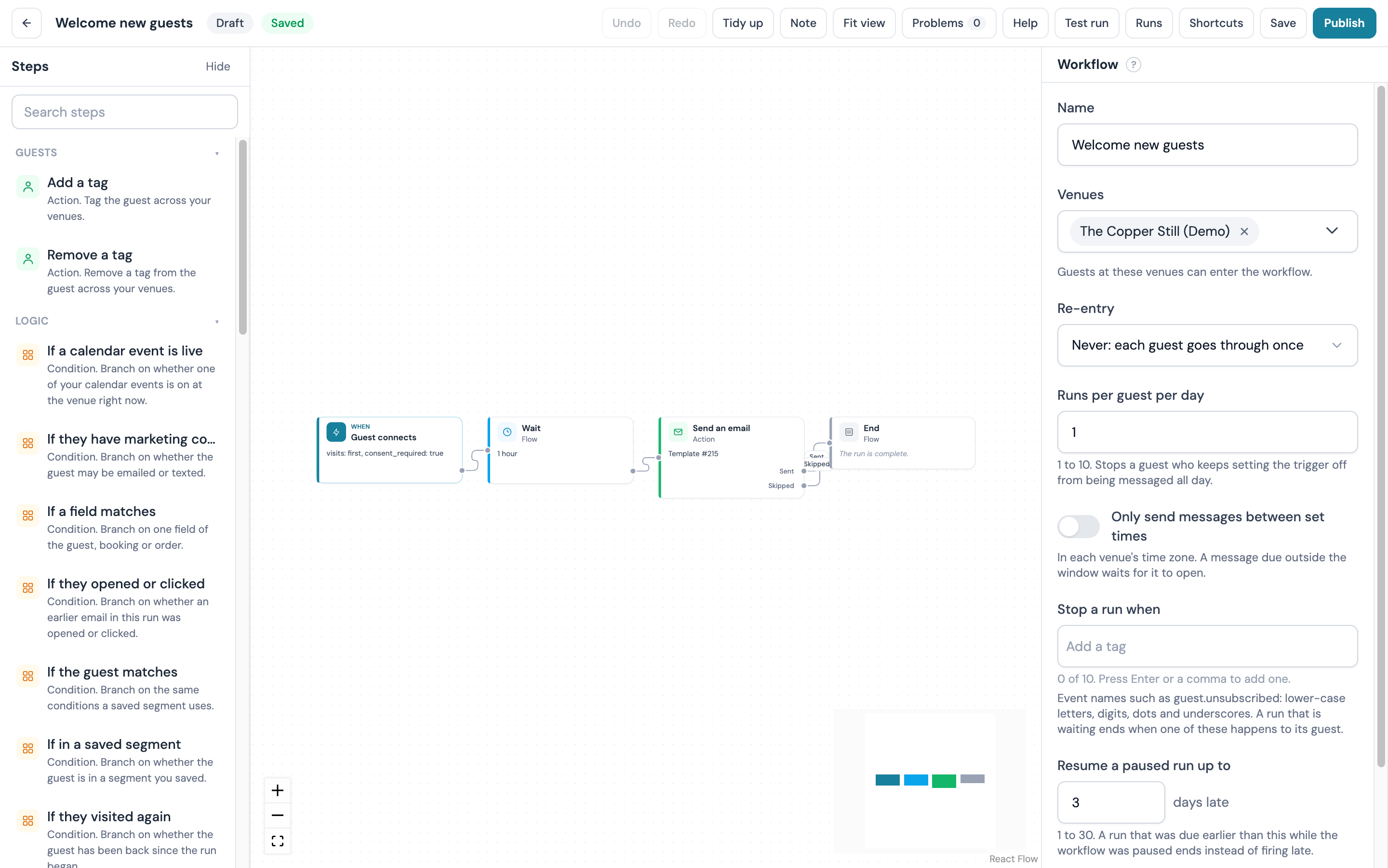 Inspector with nothing selected: the workflow name, the venues picker and the settings fields