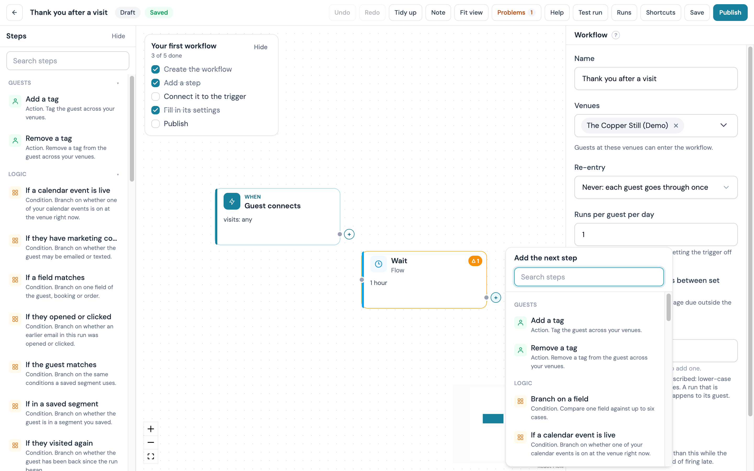 The step picker opened from the plus on a Wait step, listing Add a tag, Remove a tag, Branch on a field and more