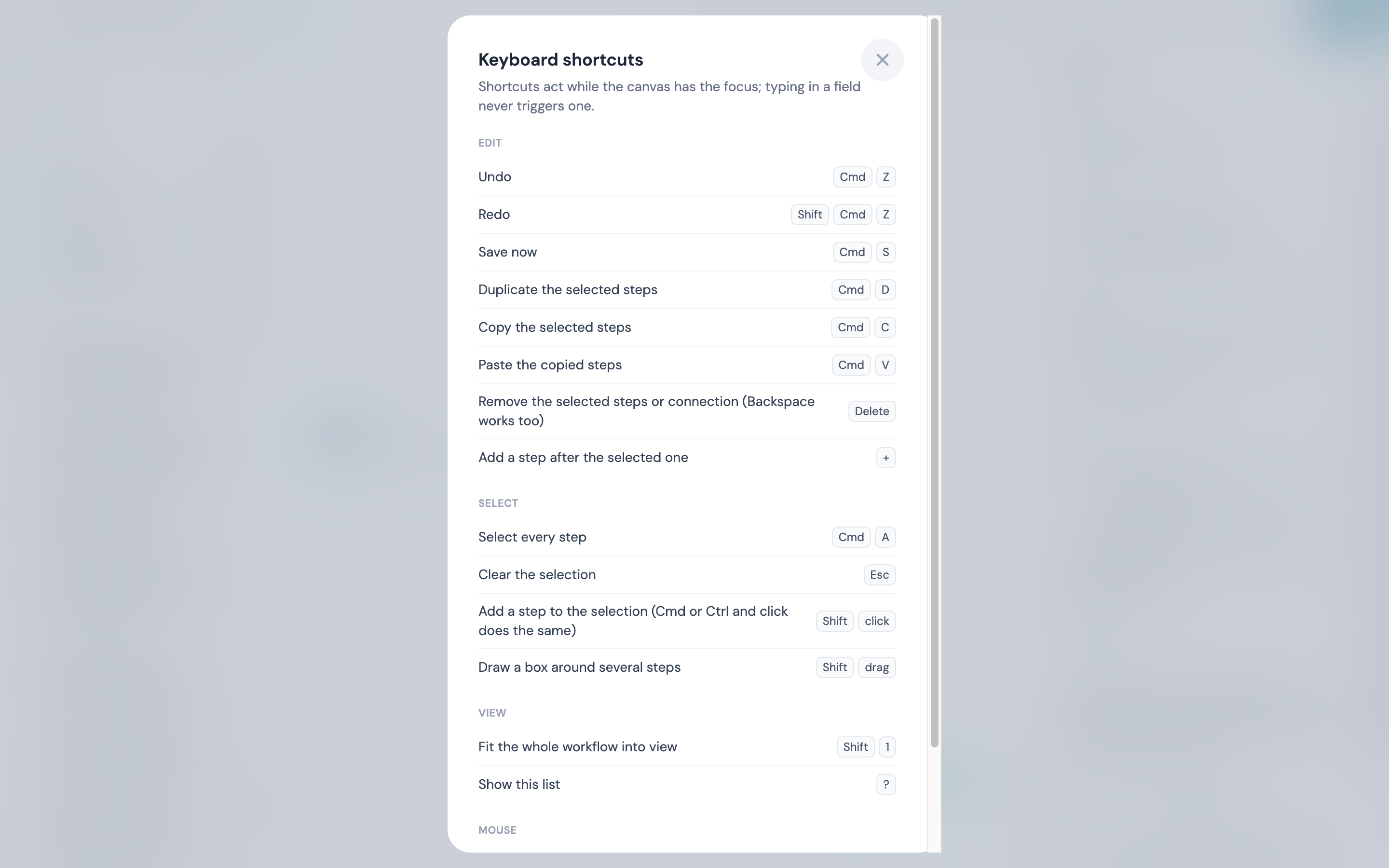 The Keyboard shortcuts sheet: Edit, Select, View and Mouse groups, each row with its keys