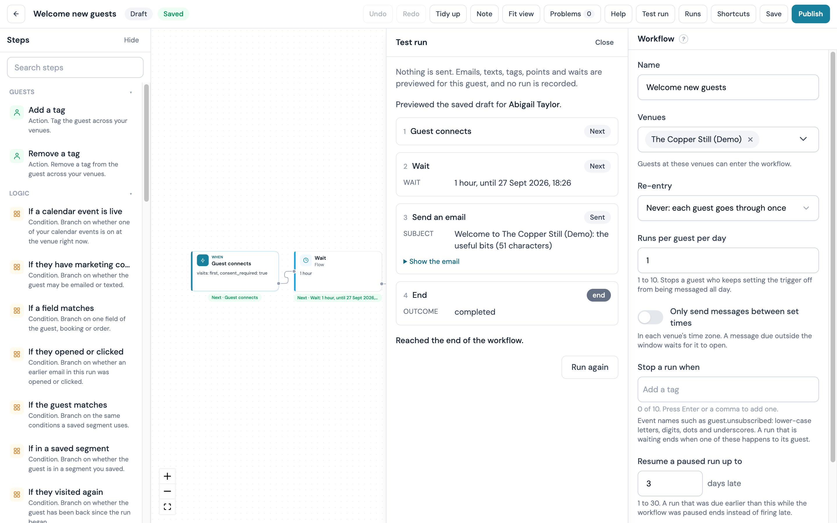 The Test run panel listing each step of the welcome workflow for a chosen guest, with the email subject under Send an email