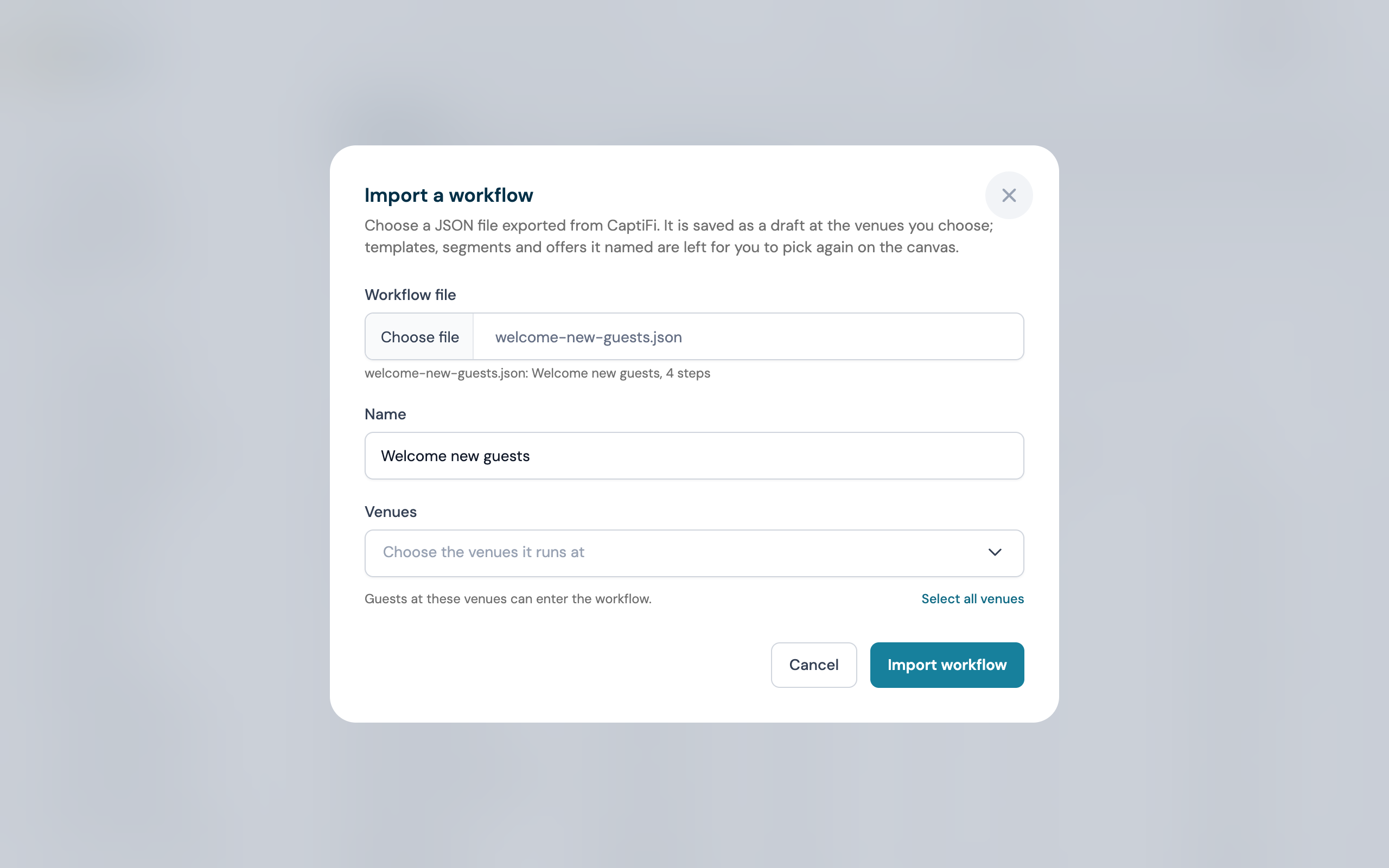 The Import dialog: a workflow JSON file chosen, the Name field and the venue picker under it