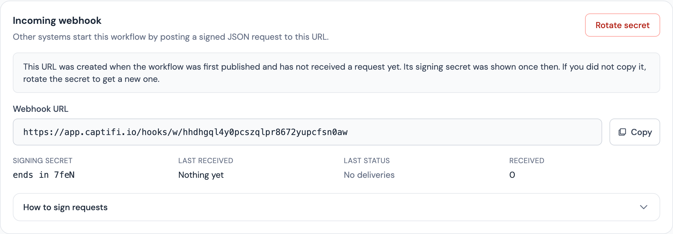 The Incoming webhook card on a workflow overview: the URL with a copy button, the masked secret and the Rotate button