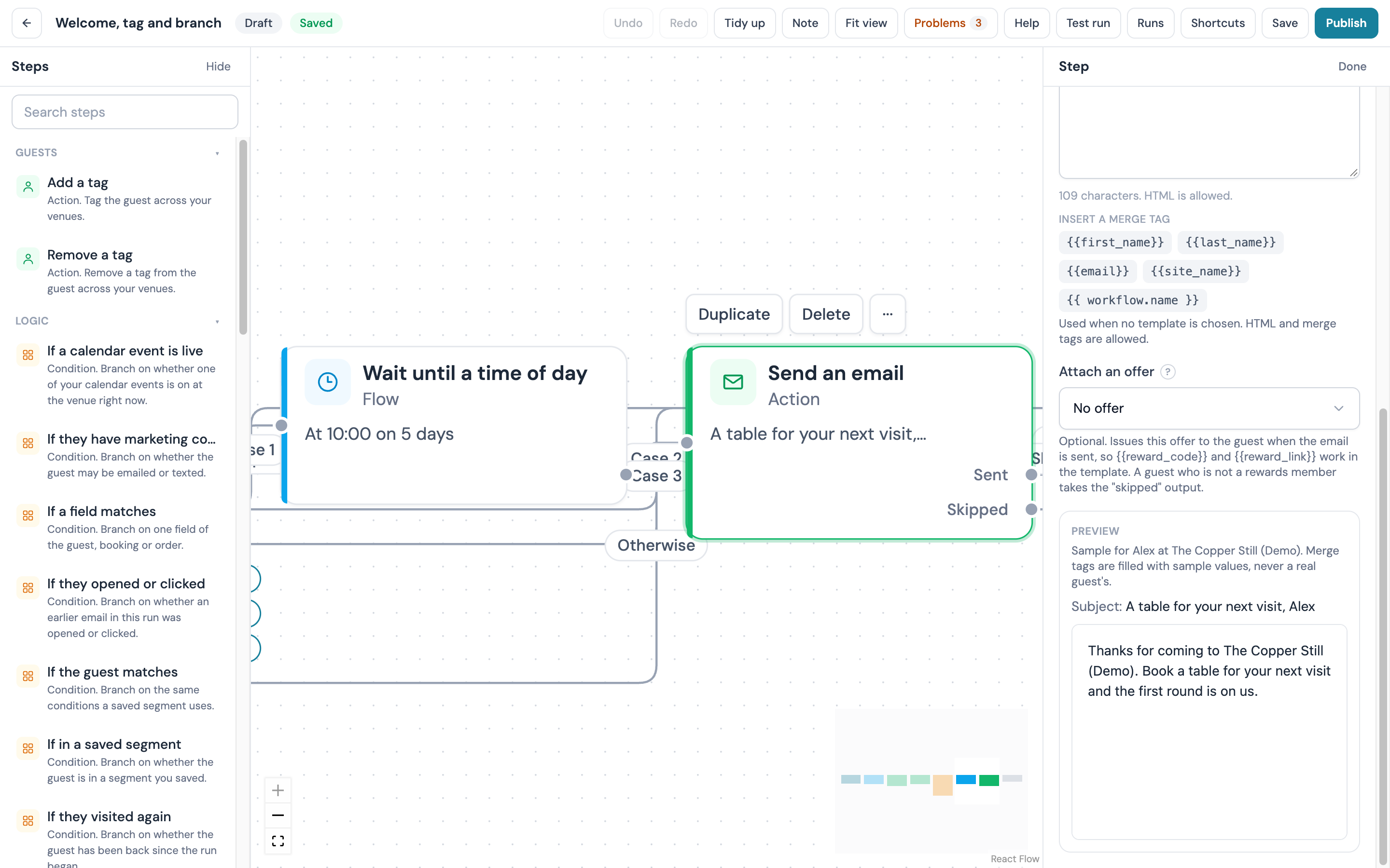 The Preview under a Send an email step: the sample line for Alex, the filled subject and the body frame