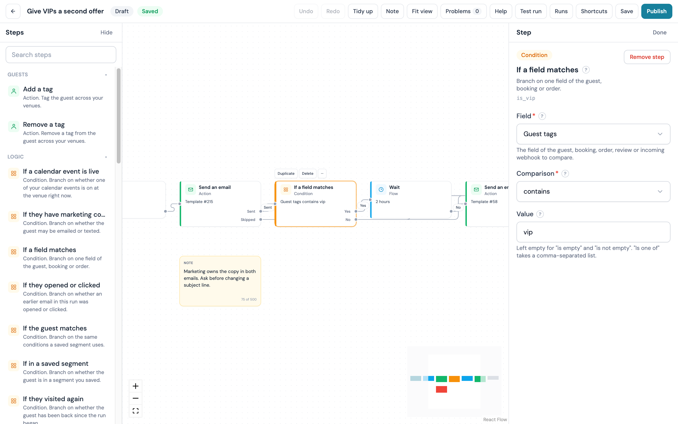Inspector for If a field matches: Field is Guest tags, Comparison is contains, Value is vip