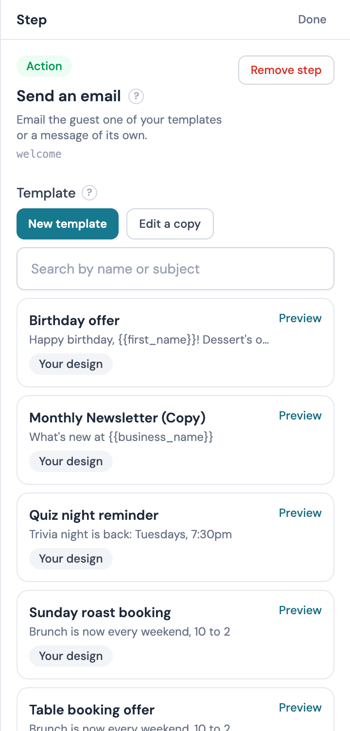 The Send an email inspector with New template and Edit a copy above the template search box and the template cards
