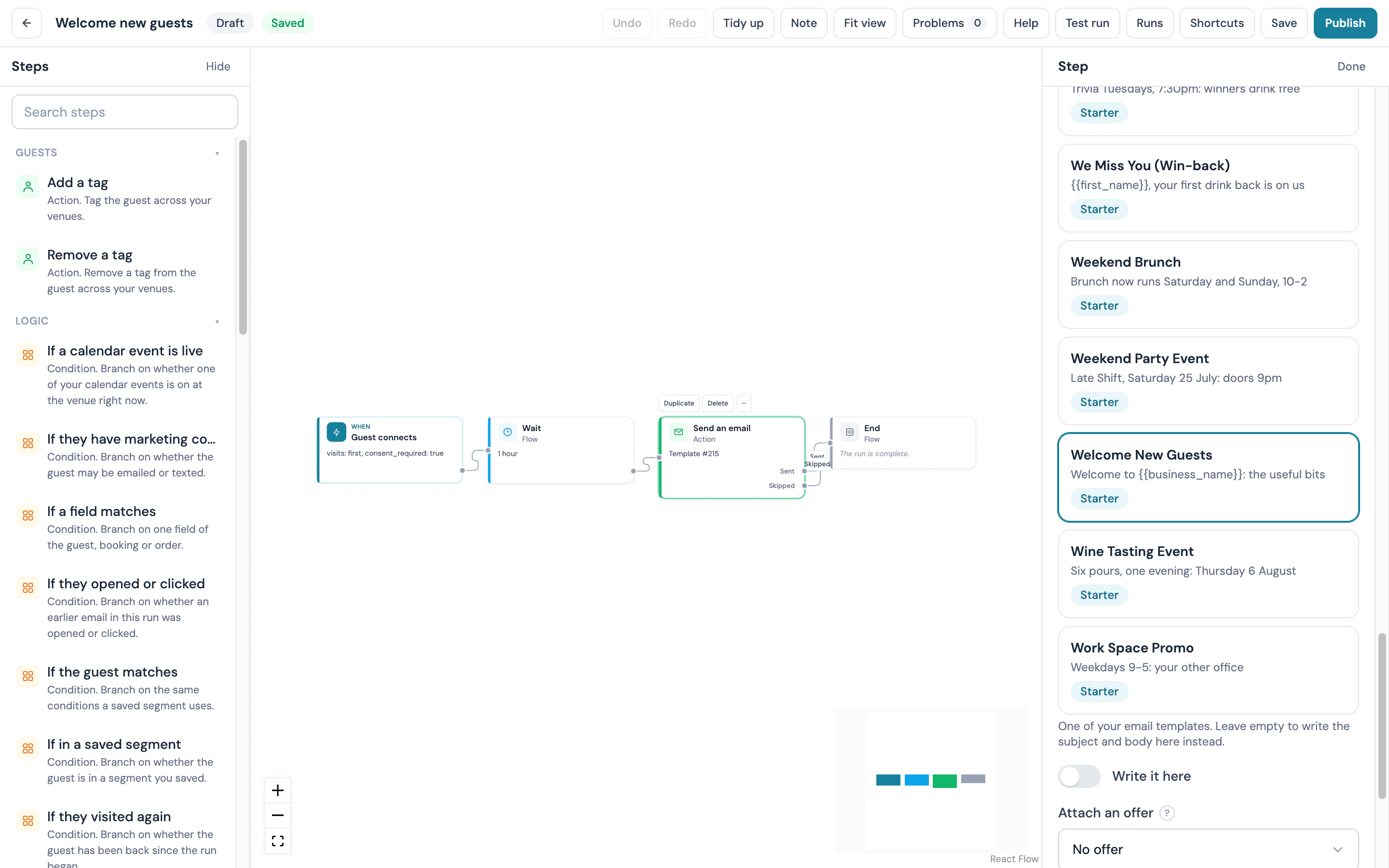 Inspector for Send an email with the Template picker open and the Welcome New Guests template highlighted