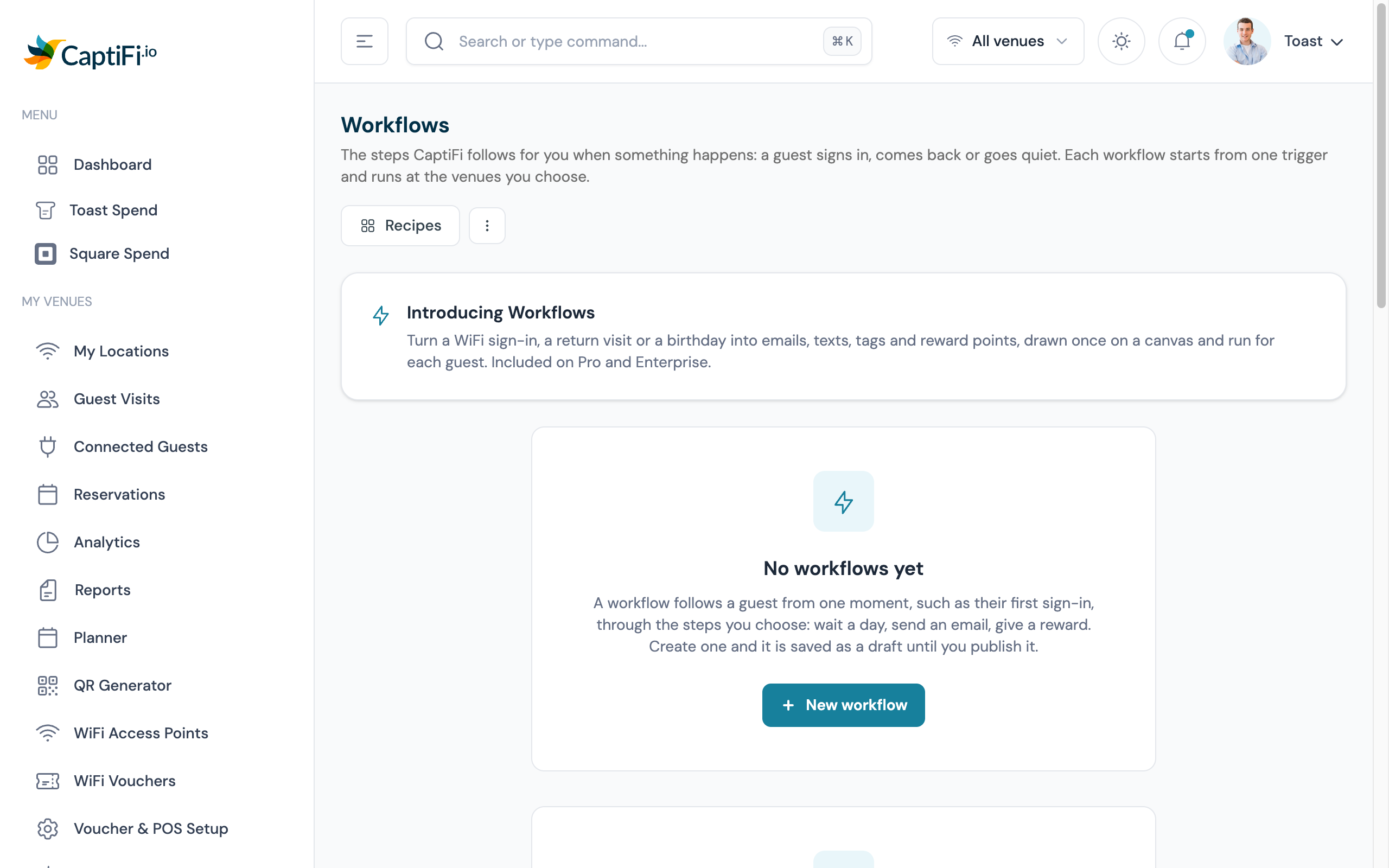 The Workflows page before the first workflow: the No workflows yet card and the New workflow button