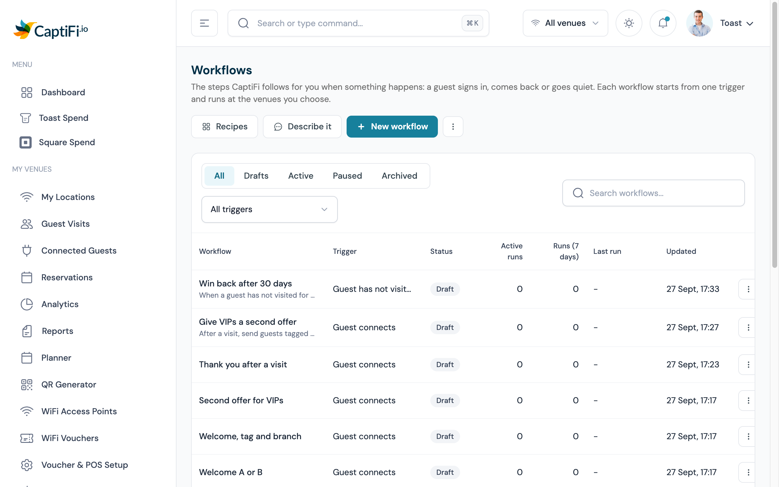 The Workflows table: the All, Drafts, Active, Paused and Archived tabs, rows with status pills, the Runs (7 days) column and the row menu
