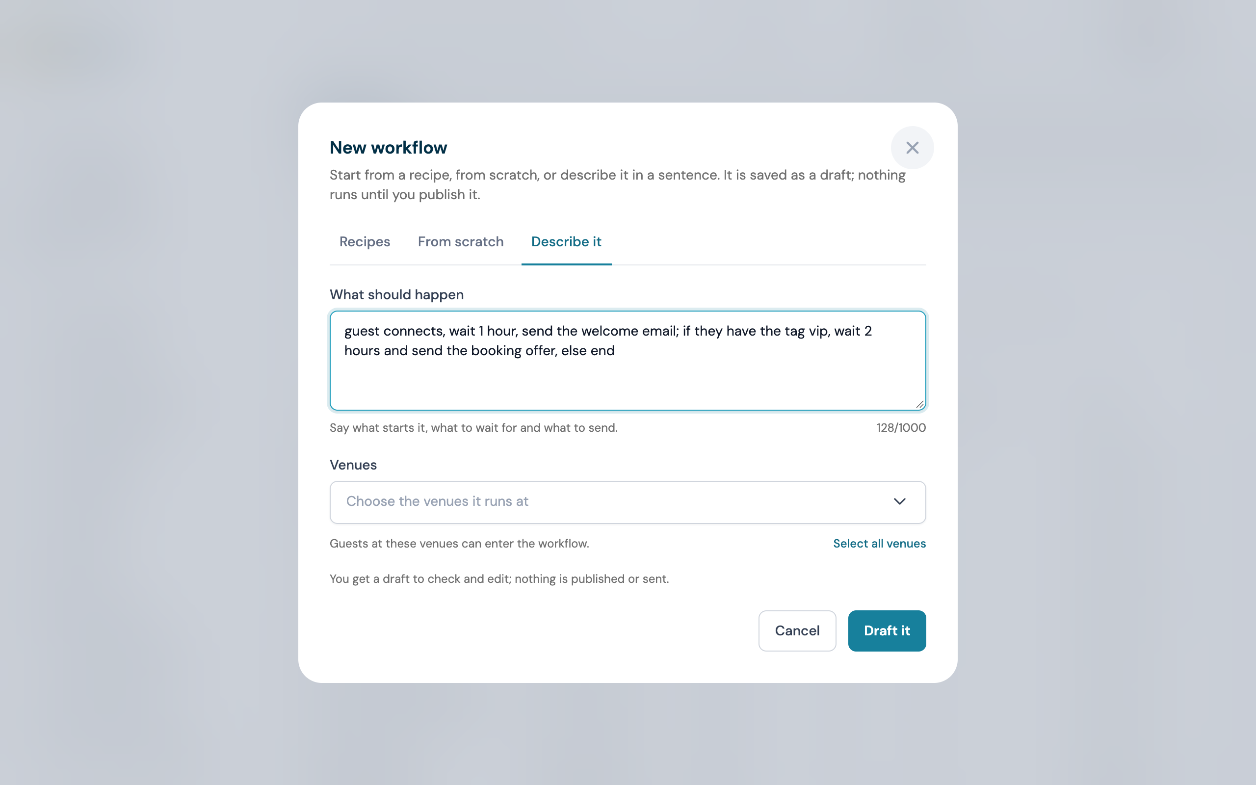 The Describe it tab of the New workflow window with a one-sentence journey typed in, the character count and the Draft button