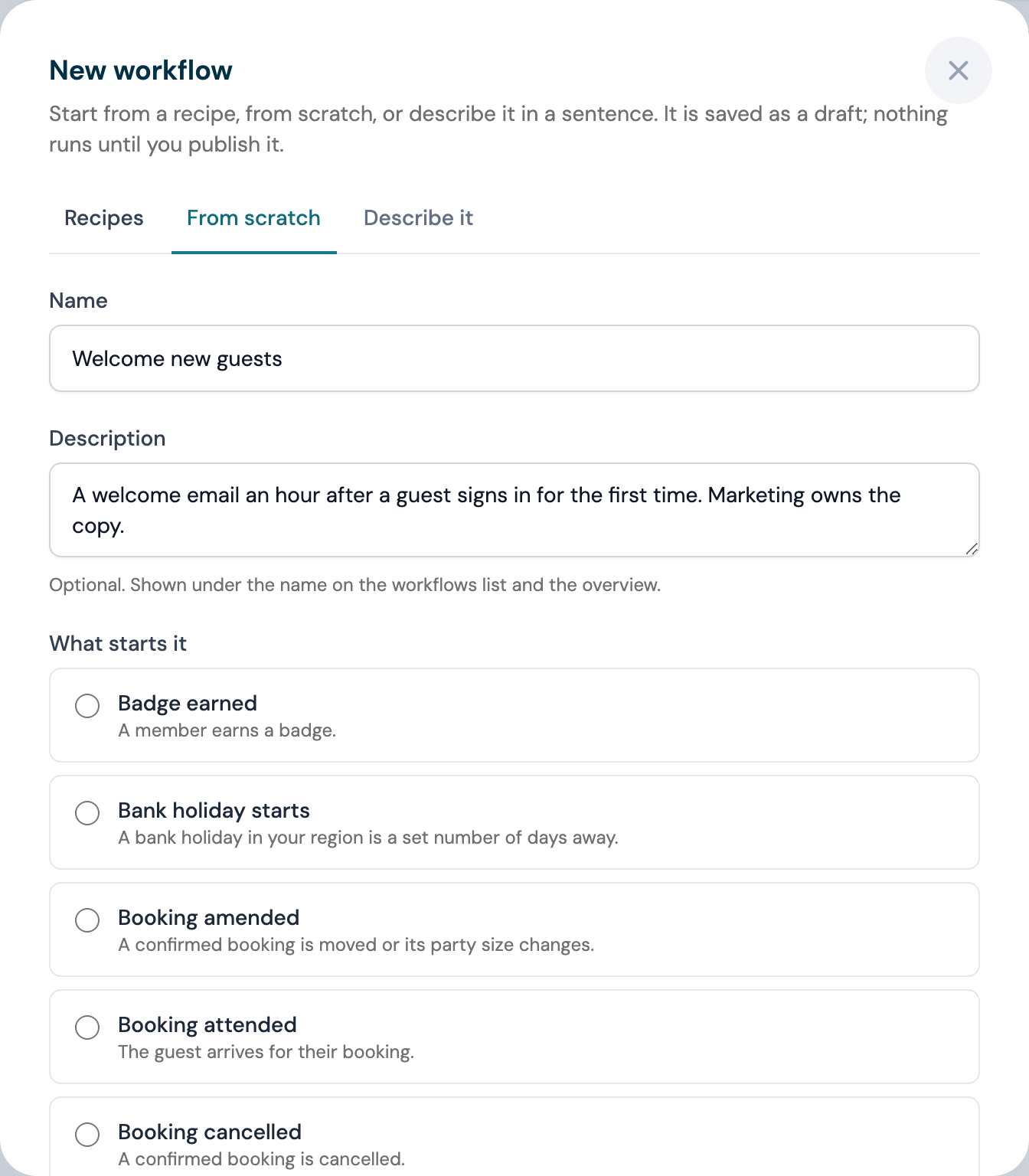 The From scratch form with a Name and a Description filled in, and the hint under the description reading Optional. Shown under the name on the workflows list and the overview