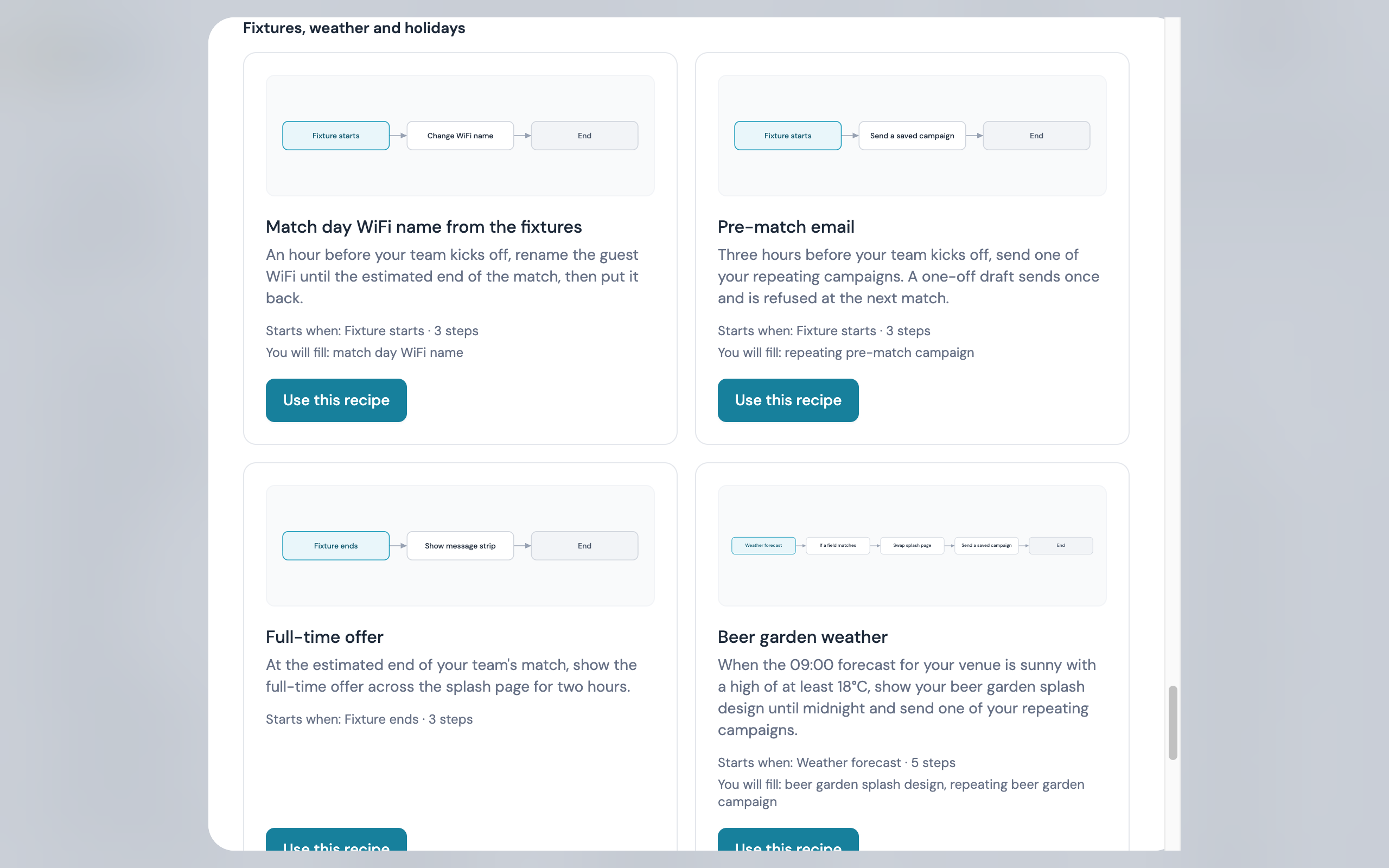 The Fixtures, weather and holidays group in the recipe gallery: cards from Match day WiFi name from the fixtures onwards, each with a You will fill line