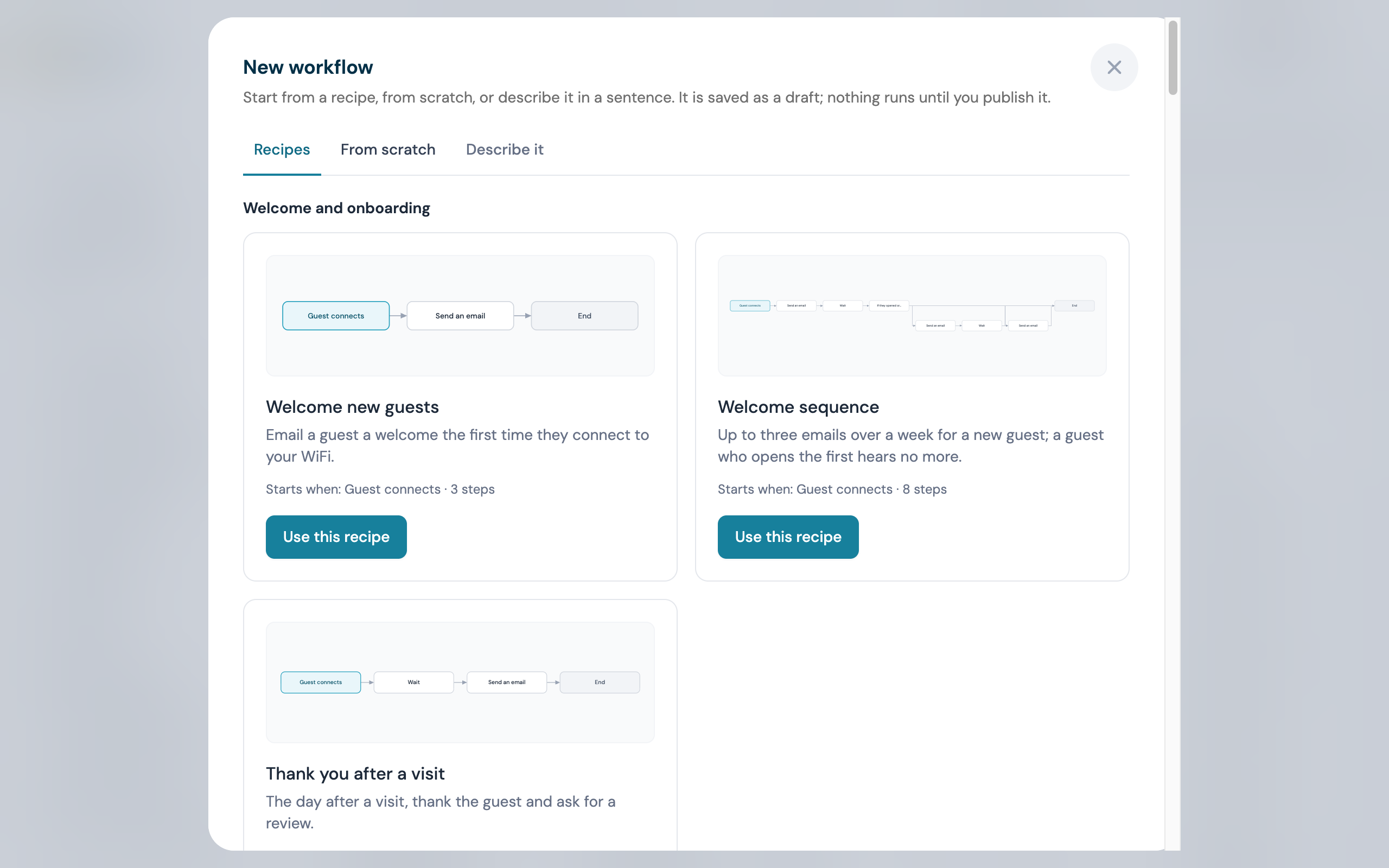 The recipe gallery with the Welcome and onboarding group at the top and Use this recipe under each card