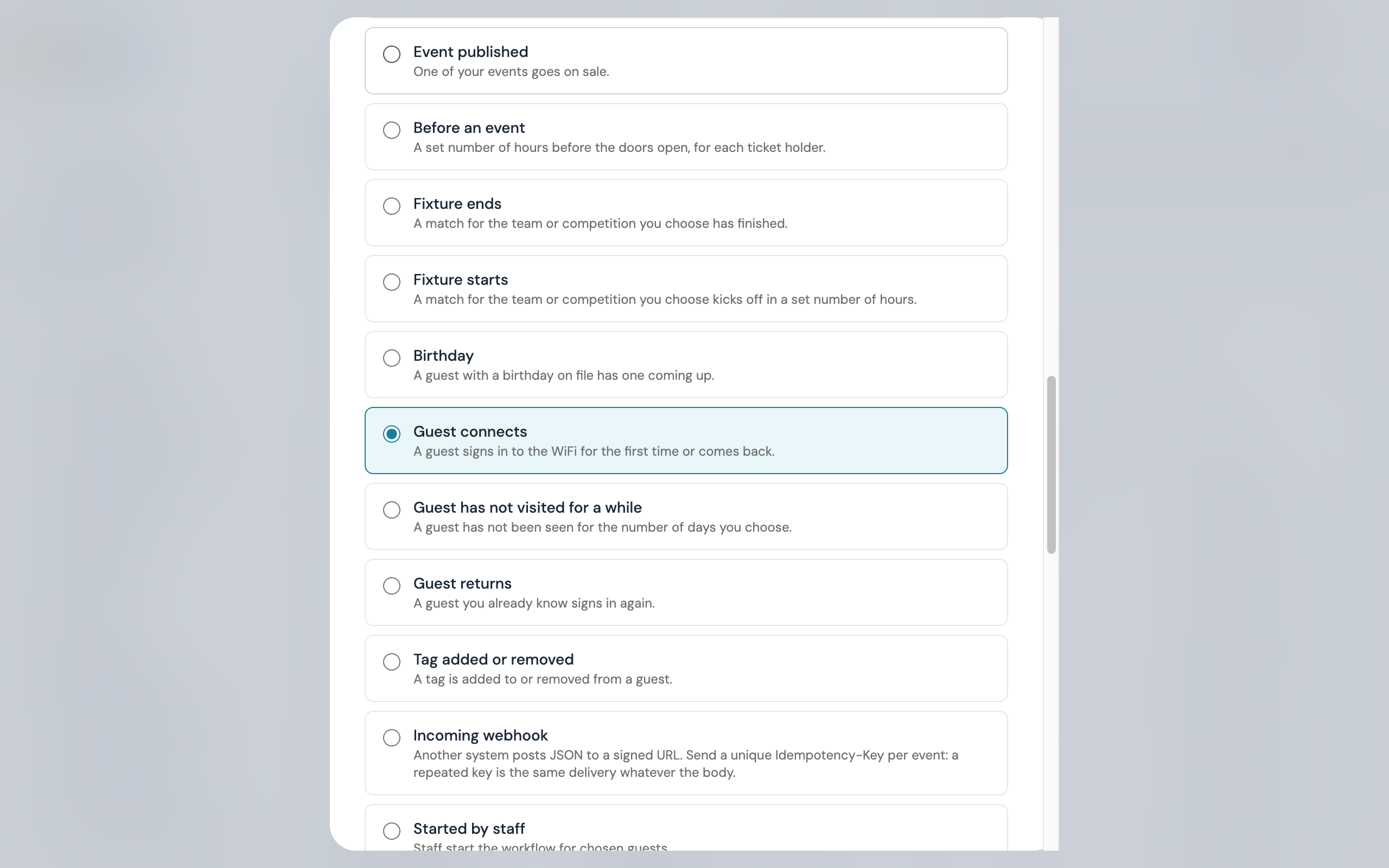 The From scratch tab of the New workflow modal: the What starts it list with Guest connects chosen