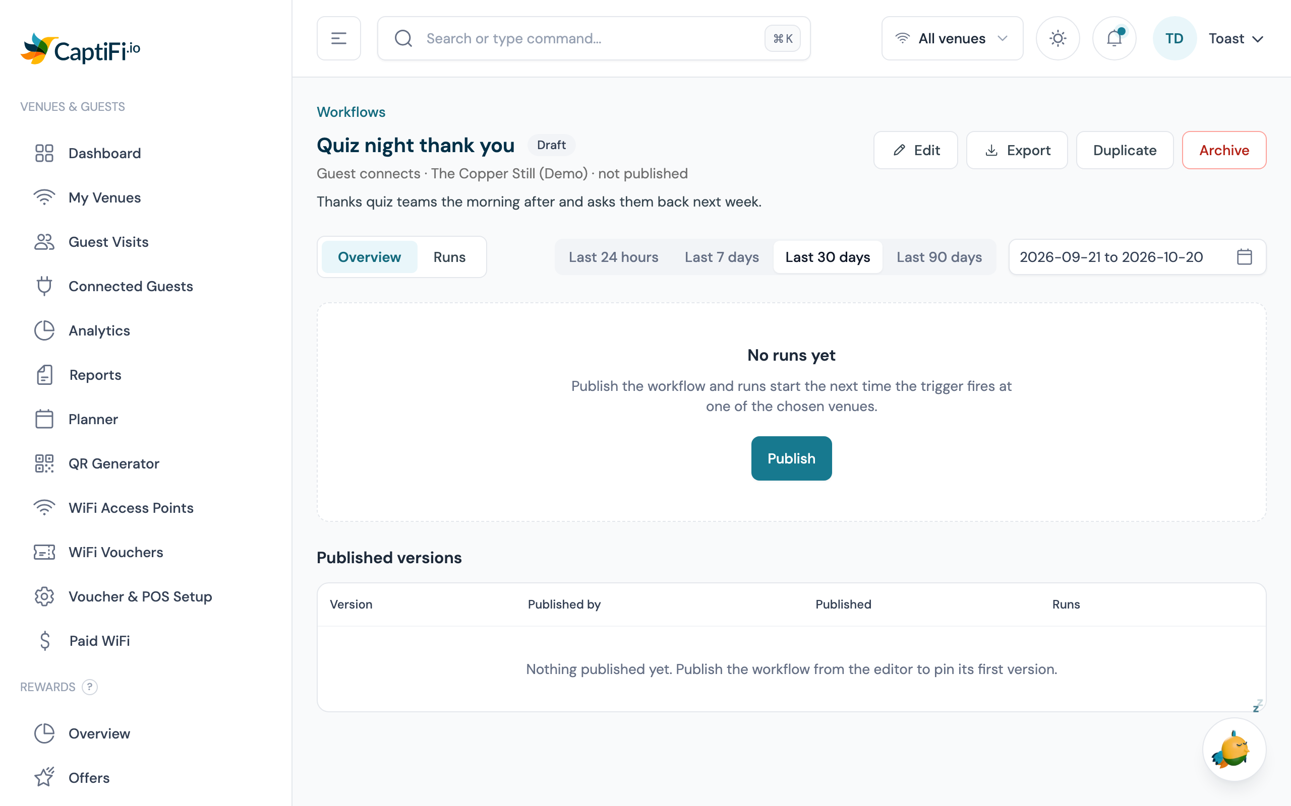 The overview of a draft workflow: its description under the name, the Overview and Runs tabs, and the No runs yet card with its Publish button