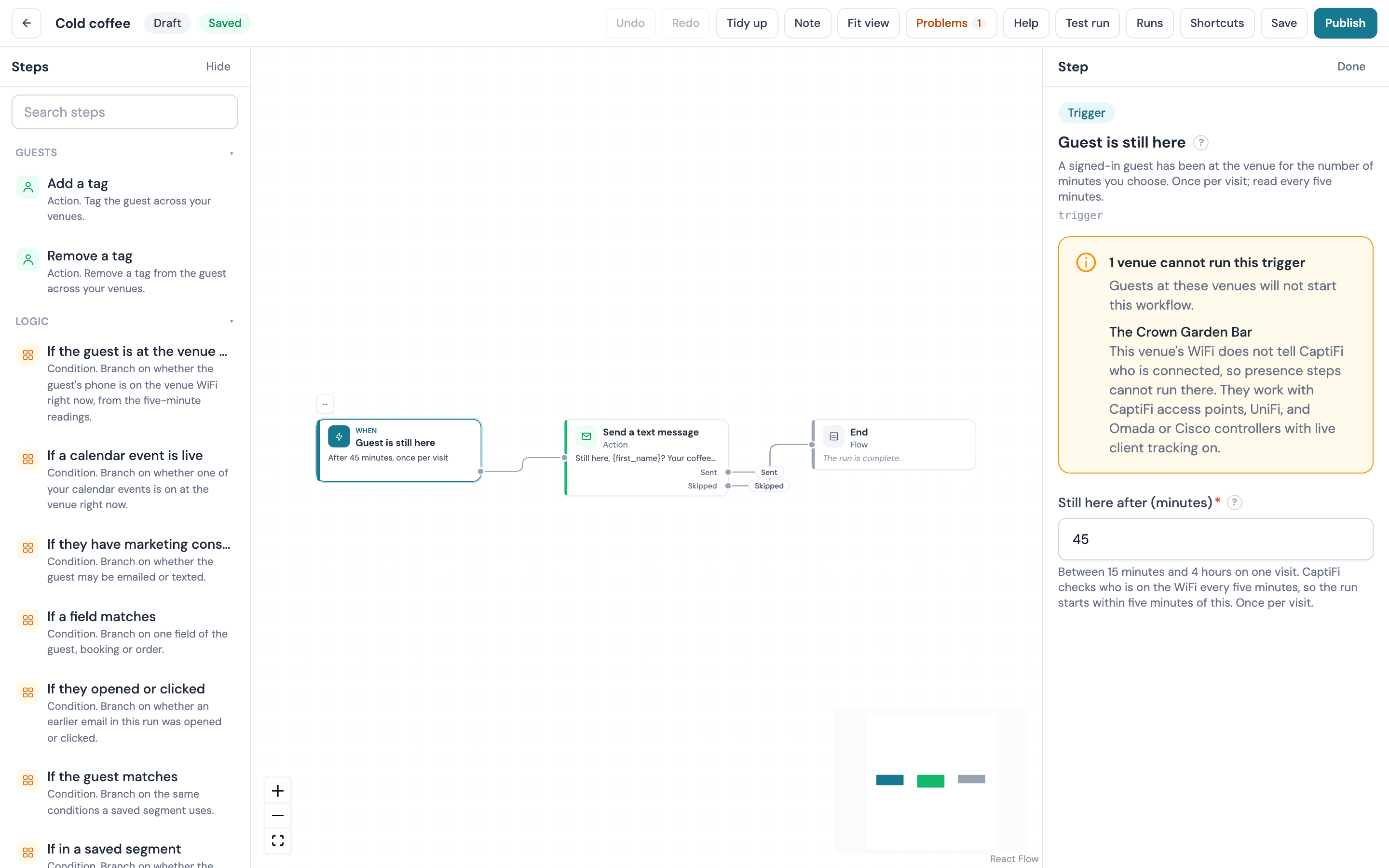 The Cold coffee draft on the canvas with the inspector open on Guest is still here: Still here after (minutes) set to 45, under a notice naming one venue whose controller is not connected for live client tracking yet