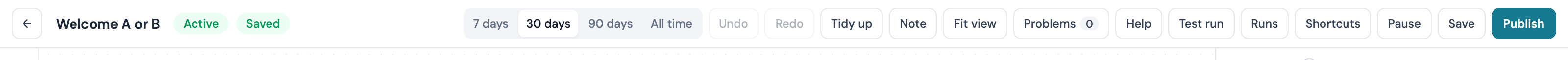 The top bar after a first publish: the Active pill, the Saved chip and the button now reading Publish changes