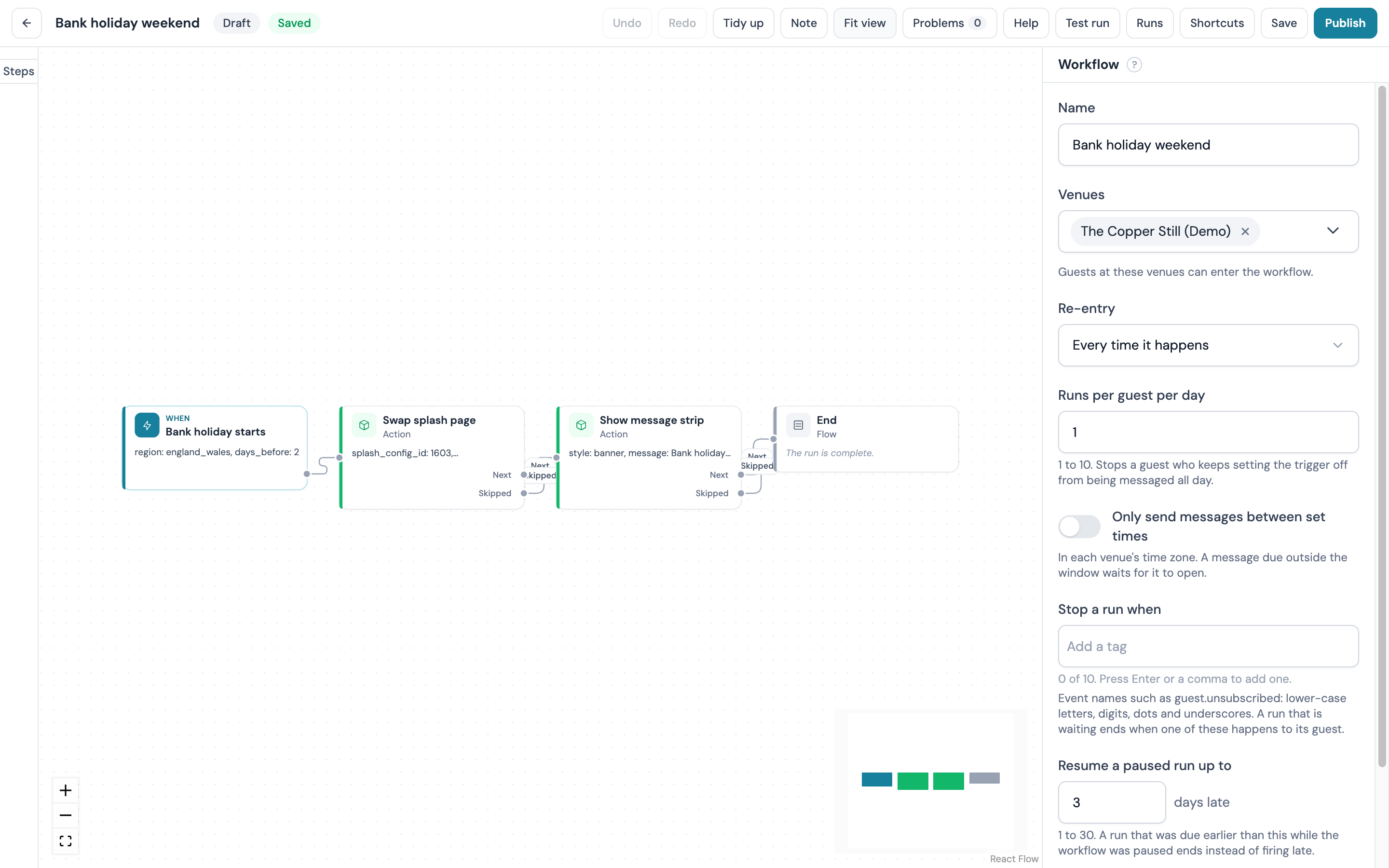 The Bank holiday weekend draft: Bank holiday starts with Region England and Wales and 2 days before, Swap splash page and Show message strip both set to Until the event ends, End on every output
