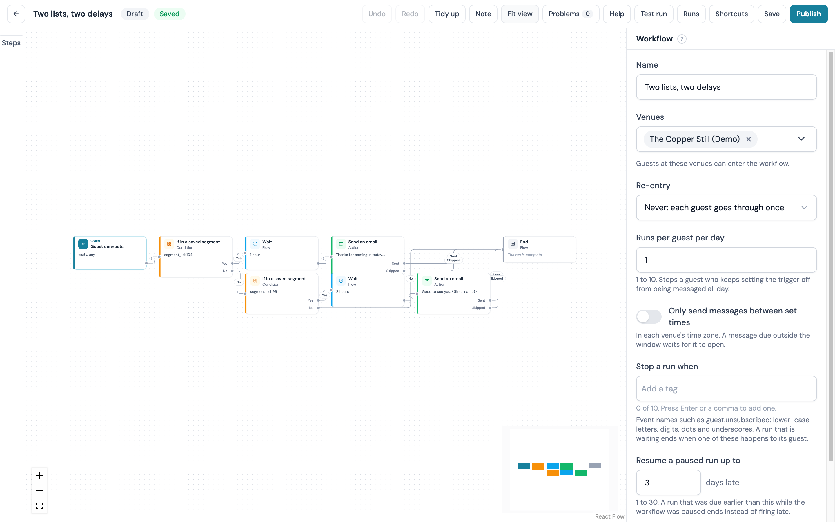 Two-segment canvas: Guest connects, If in a saved segment, an email after 1 hour, then a second segment check and email