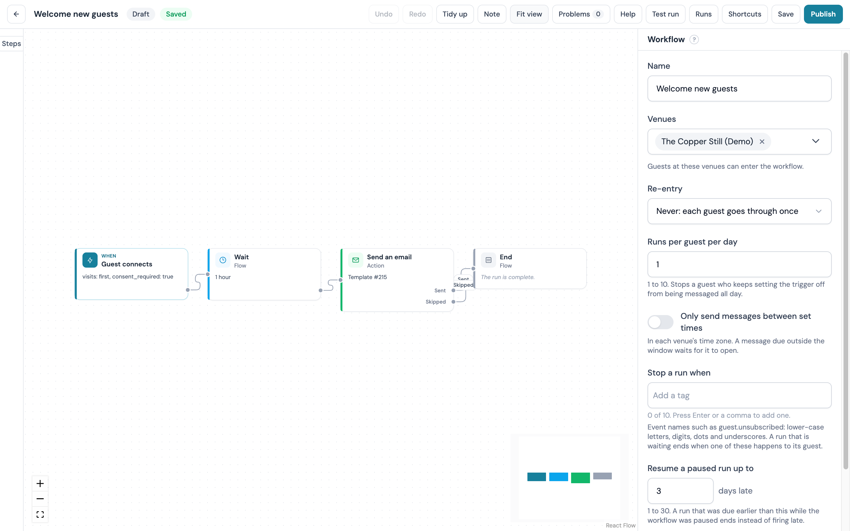 The canvas with Publish in the top bar, the welcome steps joined by arrows and the inspector on the right