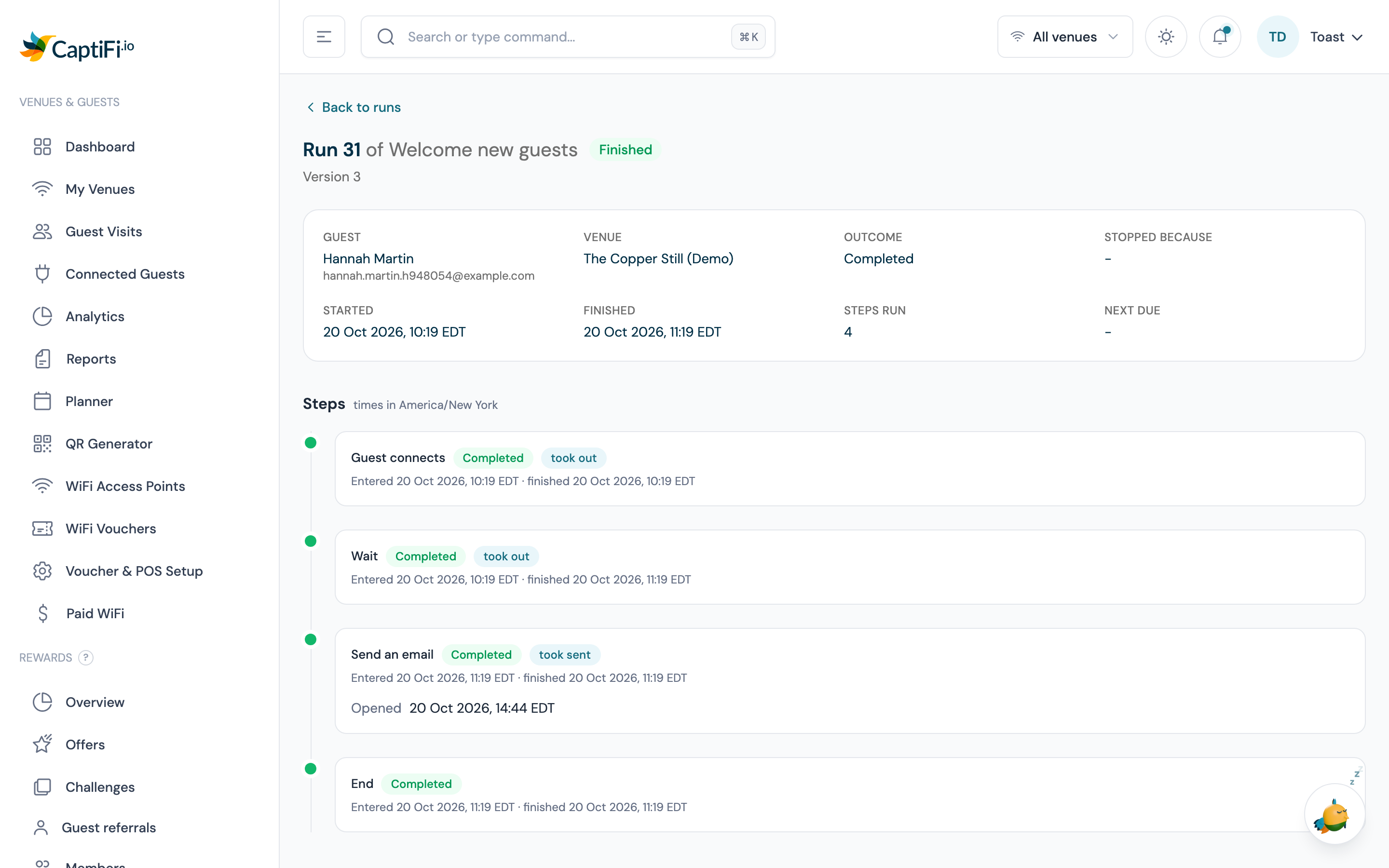 A run's timeline: Guest connects, Wait 1 hour, Send an email marked sent with an opened time, and End, each stamped